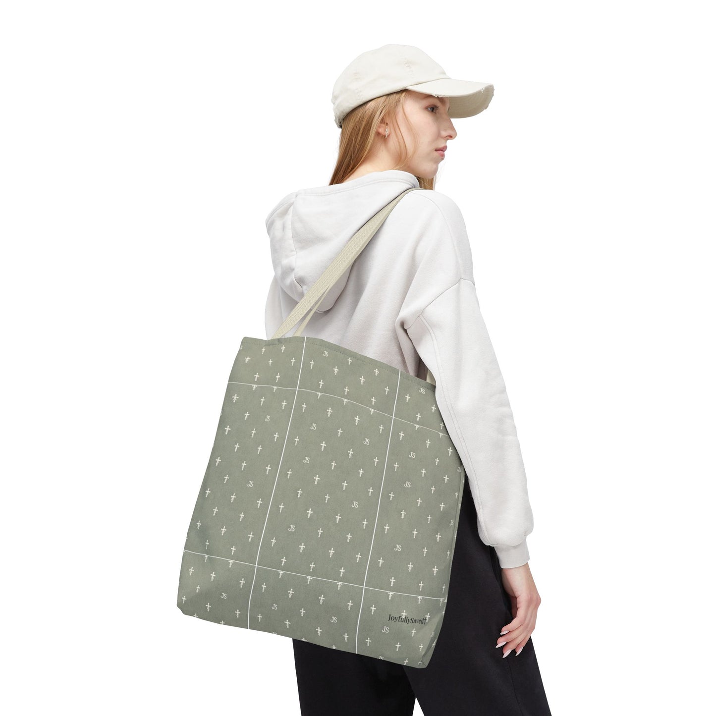 Cross Pattern Tote Bag — Sage Green AOP Canvas Tote, Christian