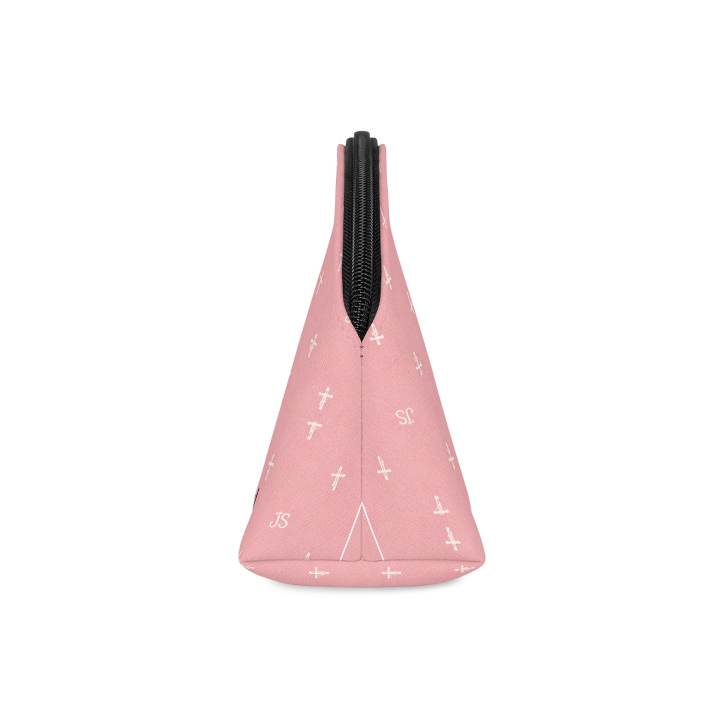 Gold Cross Pattern Makeup Bag — "Joyfully Saved" Pink Cosmetic Pouch -black logo