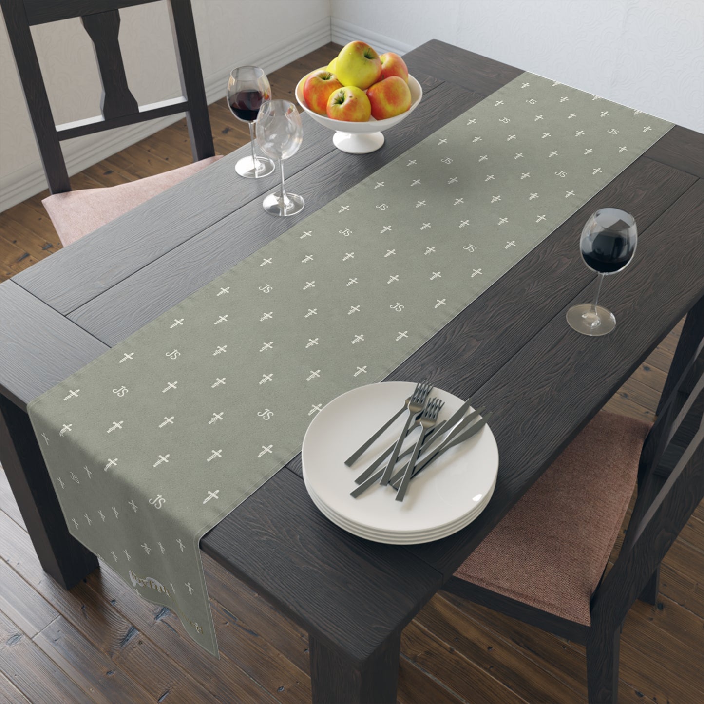 Signature Cross Table Runner, Sage — JoyfullySaved Faith-Inspired Cotton/Poly Decor