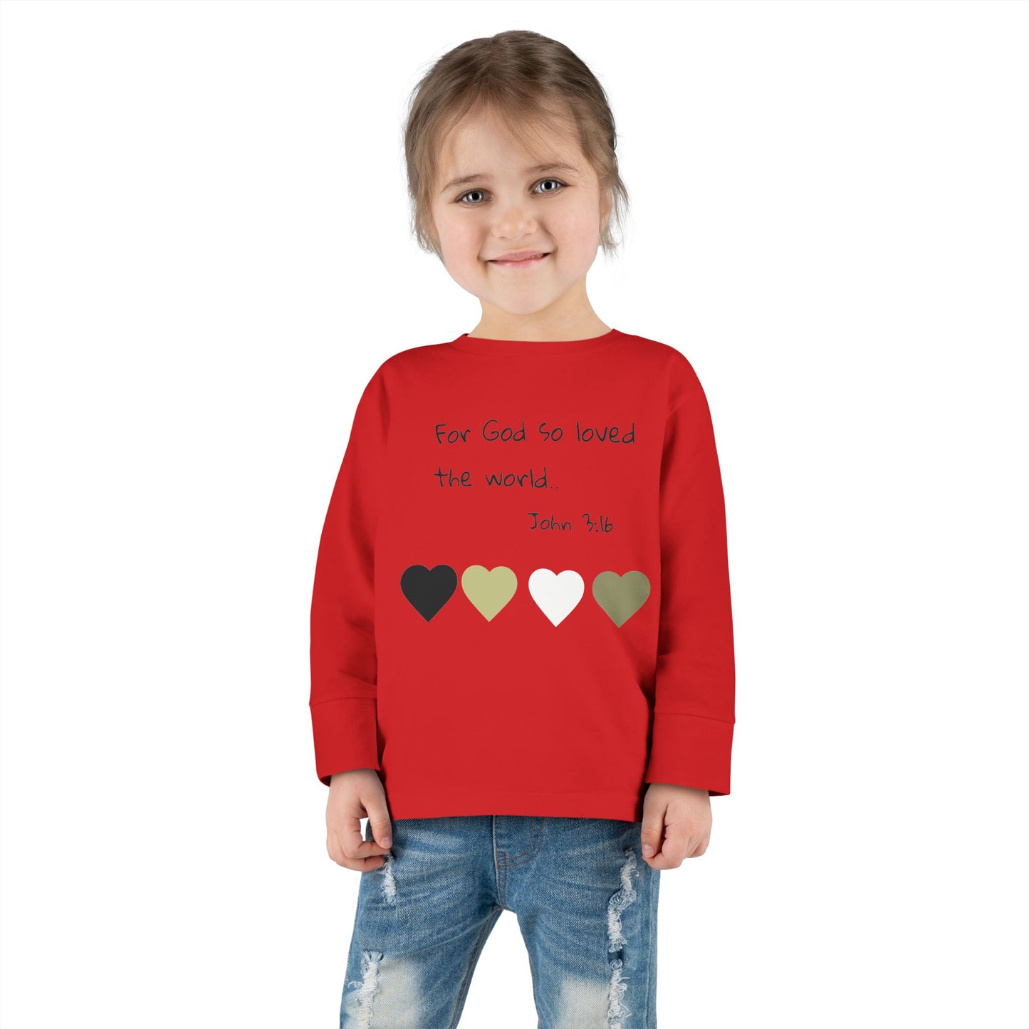 Toddler Long Sleeve Tee - "For God So Loved the World" Heart Bible Verse Shirt