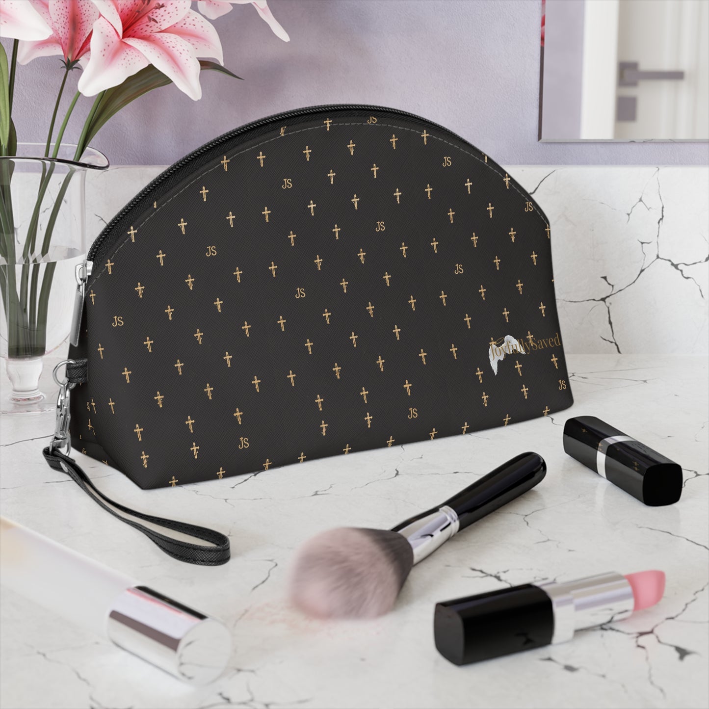 Gold Cross Pattern Makeup Bag — "Joyfully Saved" Black Cosmetic Pouch