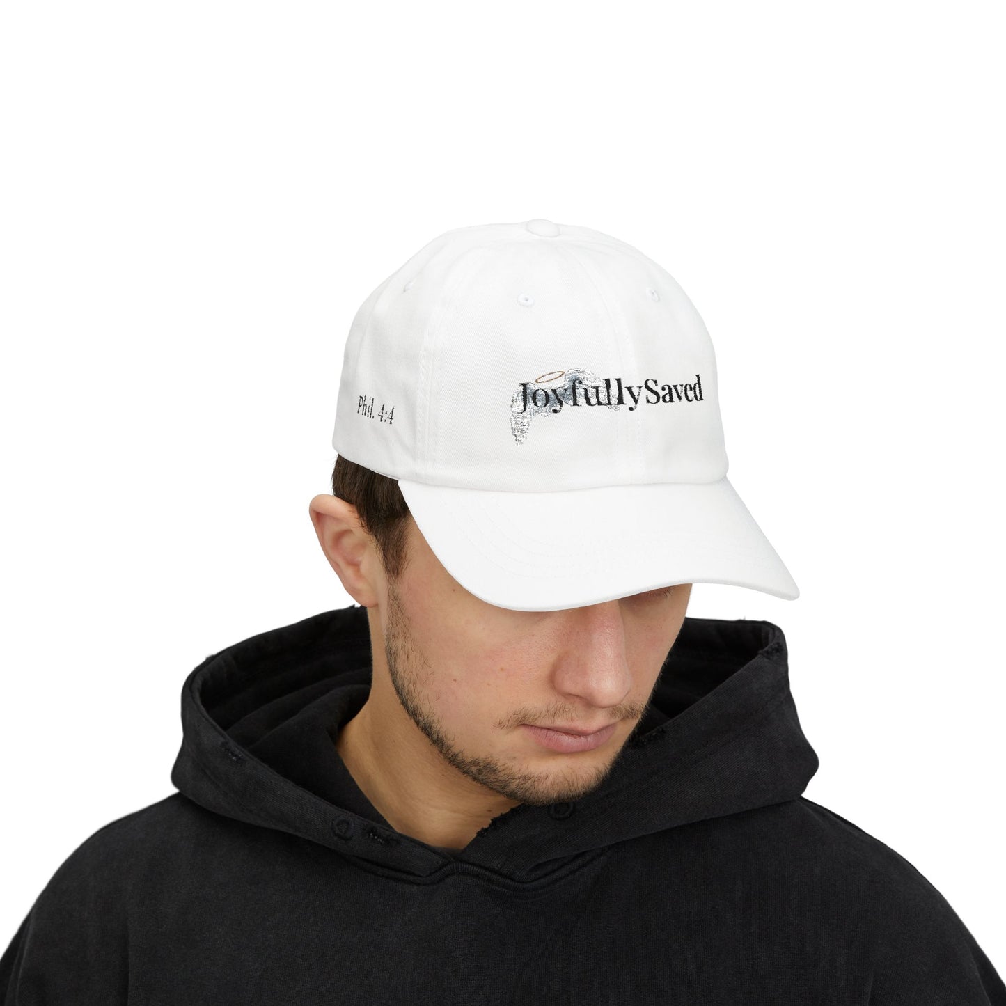 Joyfully Saved "dad" Cap, Logo with verses — Embroidered Hat, Black ink
