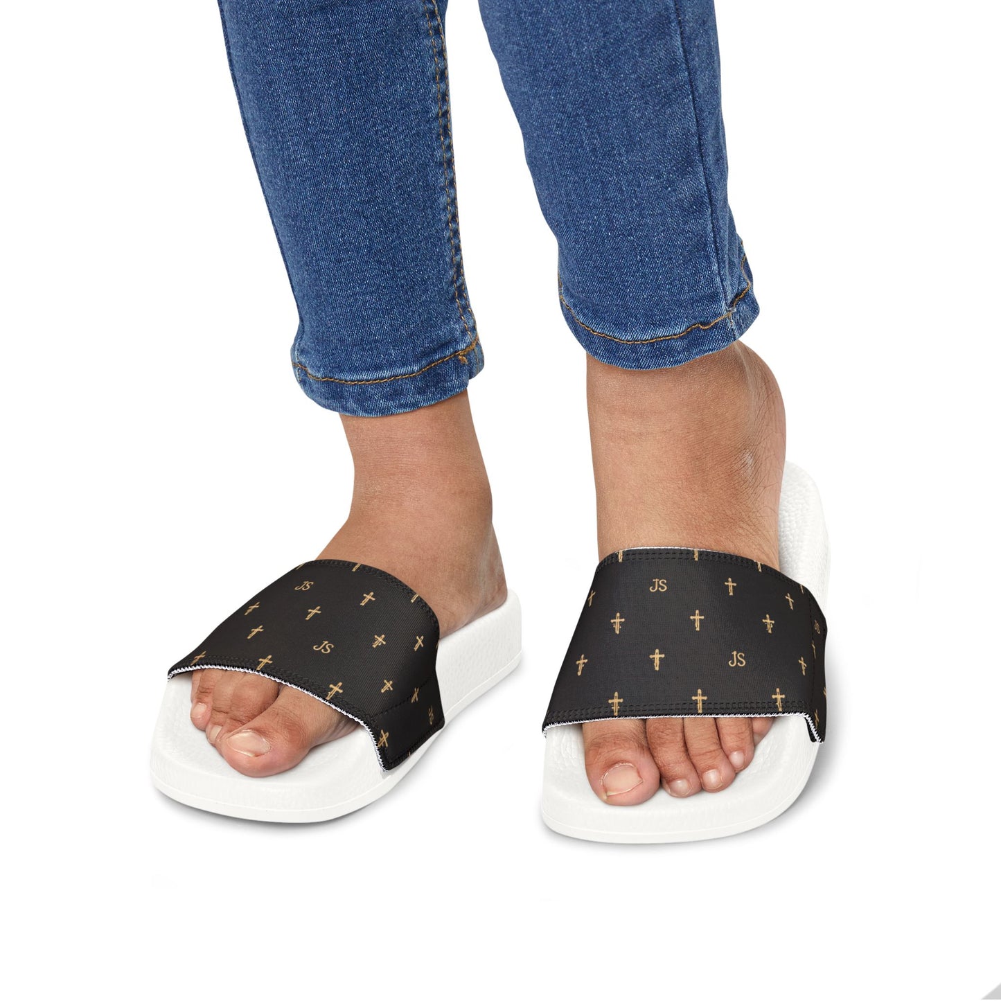 Christian Cross Slides — Youth Removable-Strap Sandals with Black Cross Pattern