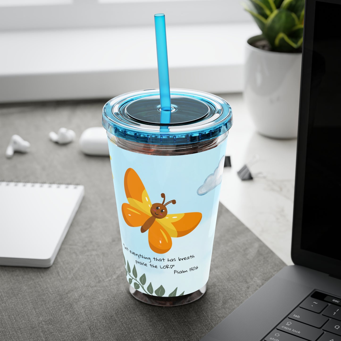 Butterfly & Sun 16oz Tumbler with Straw — 'Let everything that has breath' Psalm 150:6