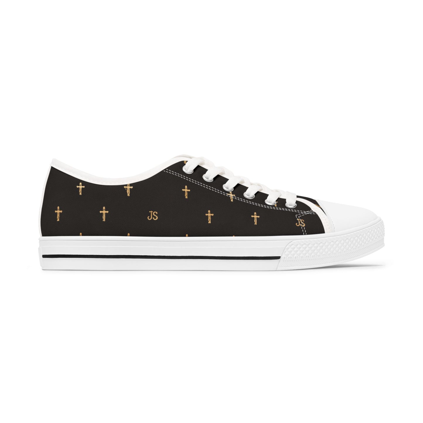 Joyfully Saved Cross Pattern Women's Low Top Sneakers — Black, 'Wear Your Faith'