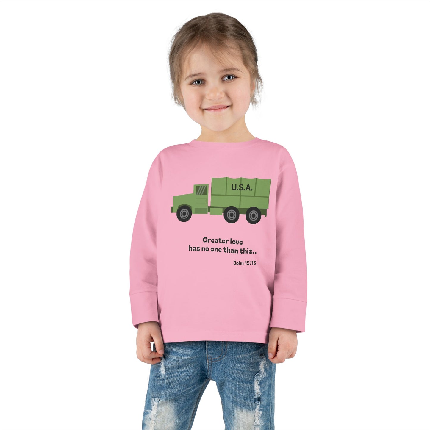 Christian Toddler Long Sleeve Tee — Military Truck Kids Shirt (John 15:13)