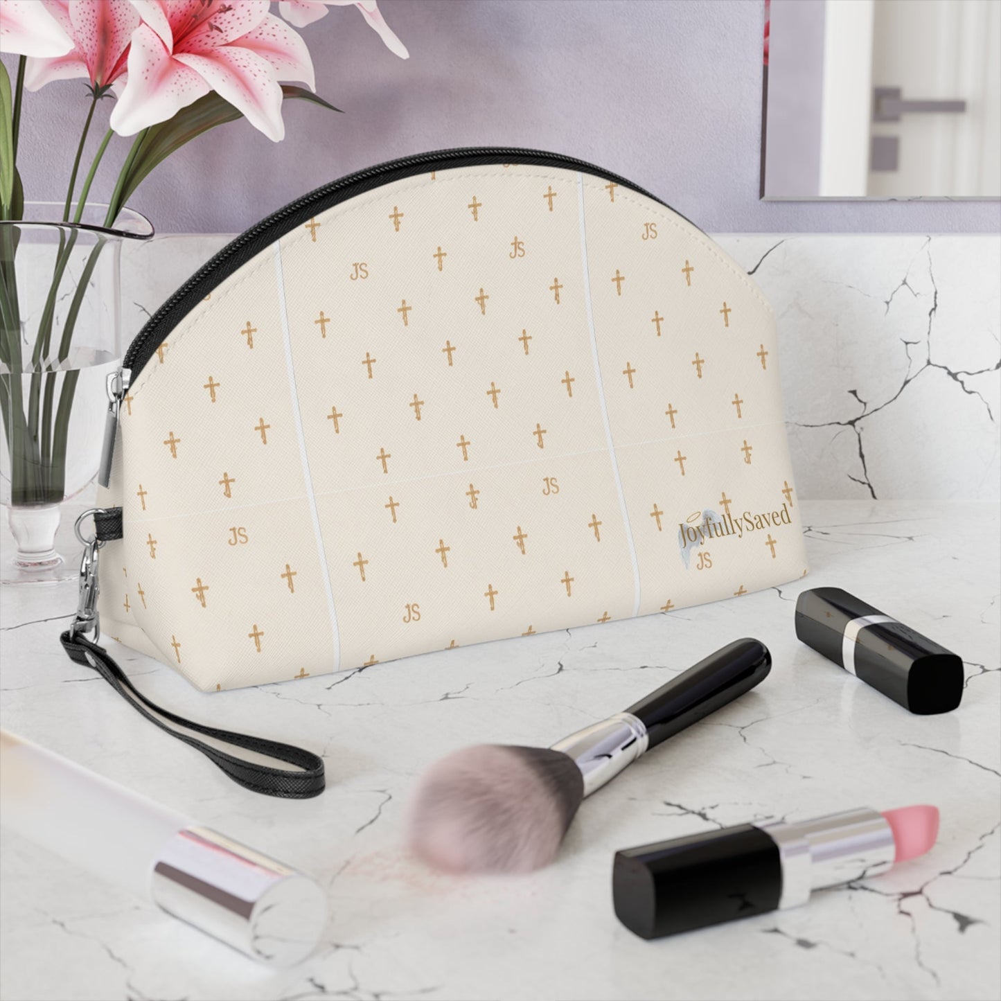 Gold Cross Pattern Makeup Bag — "Joyfully Saved" Cream Cosmetic Pouch - gold logo
