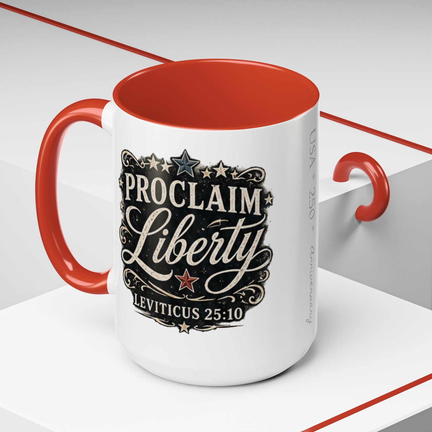 Accent Coffee Mug — Scripture Patriotic 250th USA Anniversary (Leviticus 25:10)