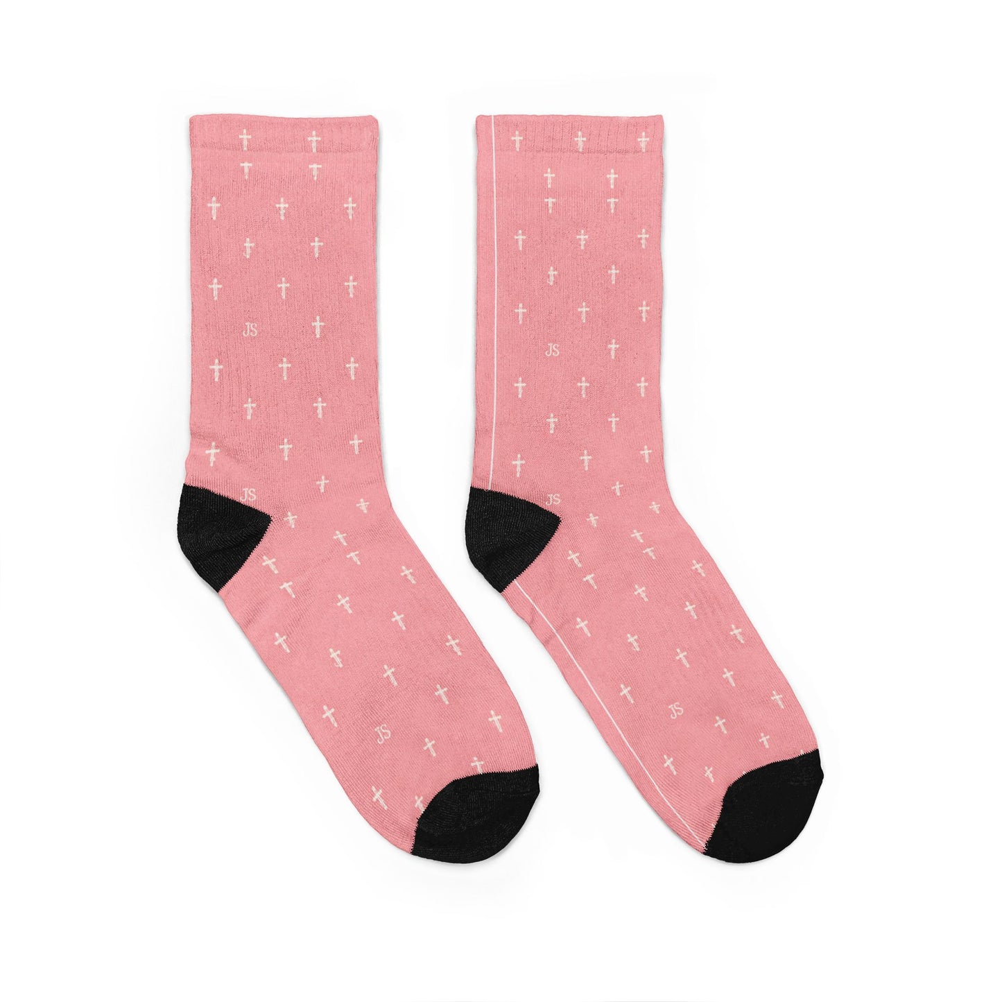 Pink 'Joyfully Saved' Cross Pattern Crew Socks — Christian Faith Novelty Socks
