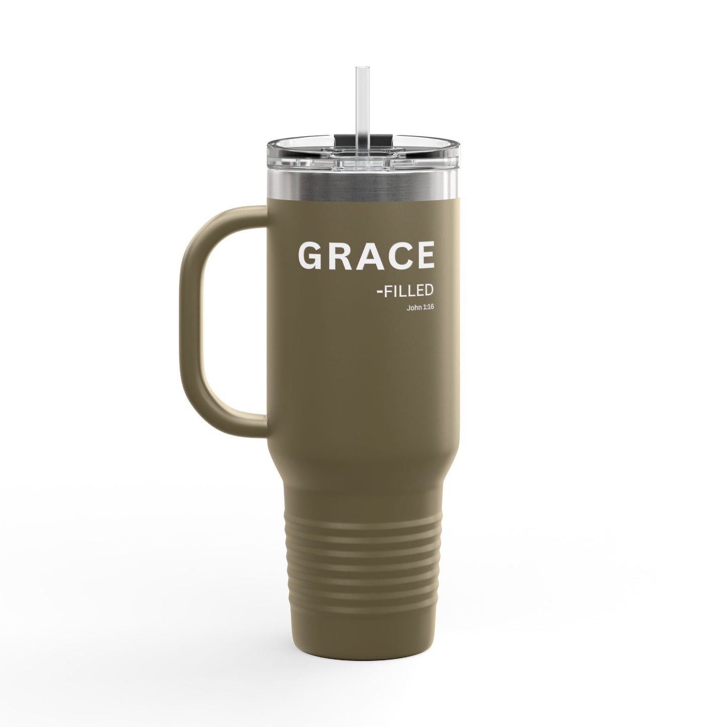 GRACE-filled Insulated 40oz Travel Mug —Christian Faith Declaration John 1:16 - white text