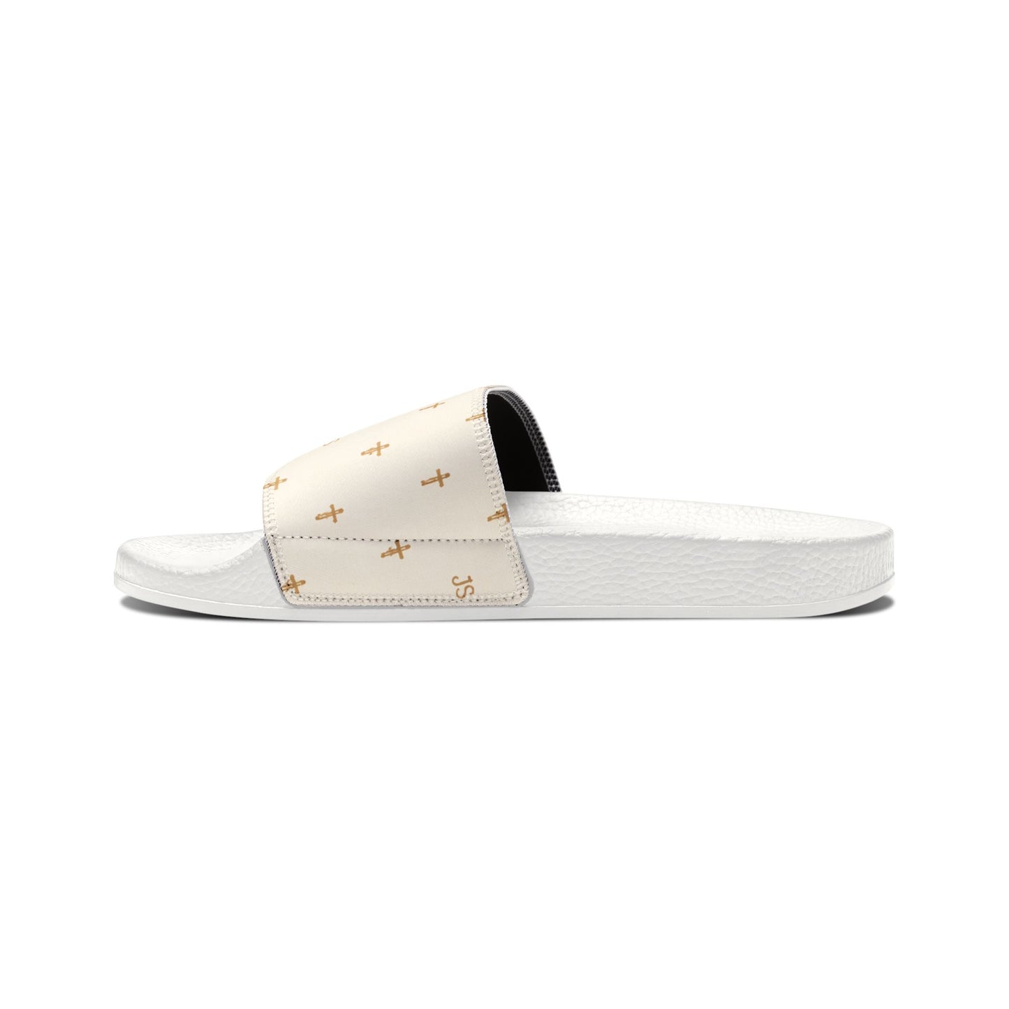 Christian Cross Slides — Youth Removable-Strap Sandals with Cream Cross Pattern