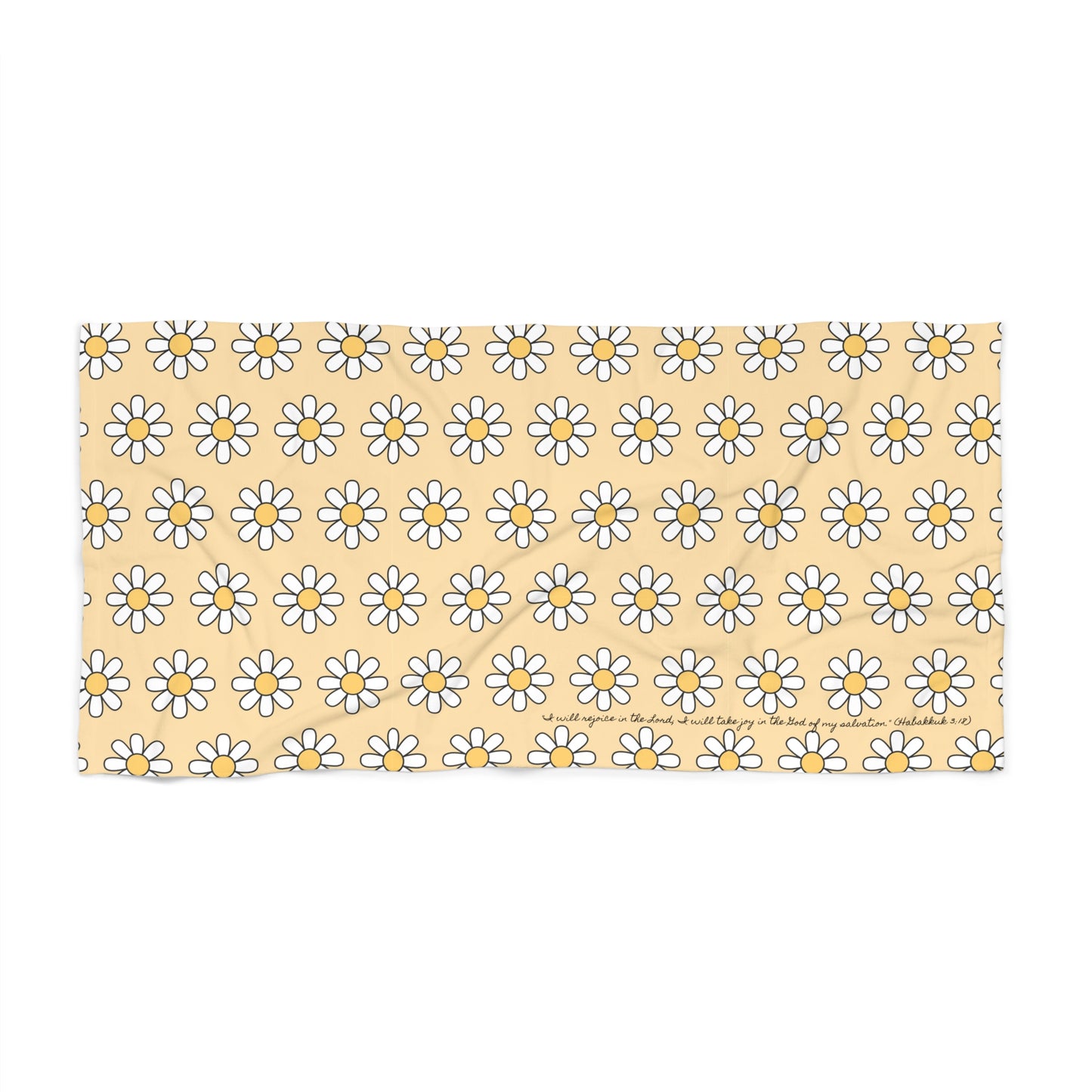 Daisy Pattern Beach Towel — Yellow Floral Summer Towel with scripture ( Habakkuk 3:18)