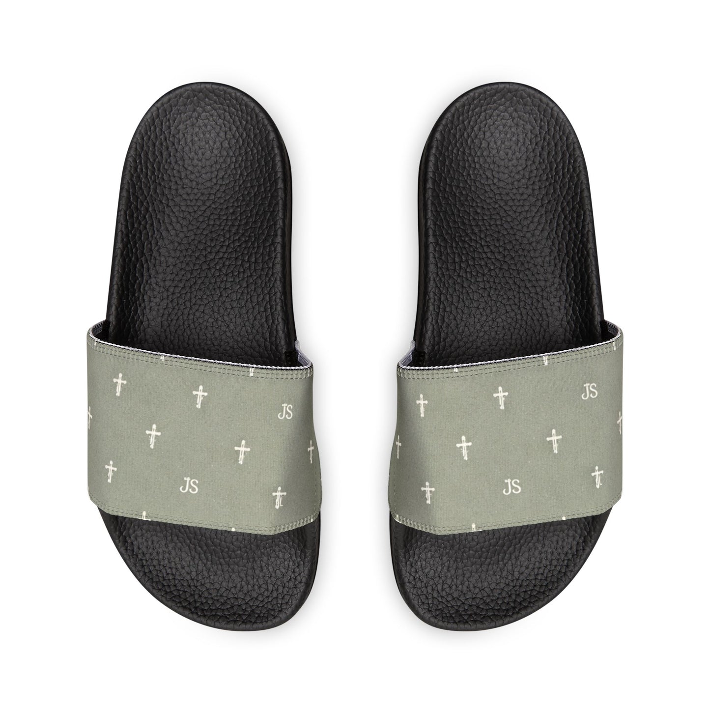 Christian Cross Slides — Youth Removable-Strap Sandals with Sage Cross Pattern