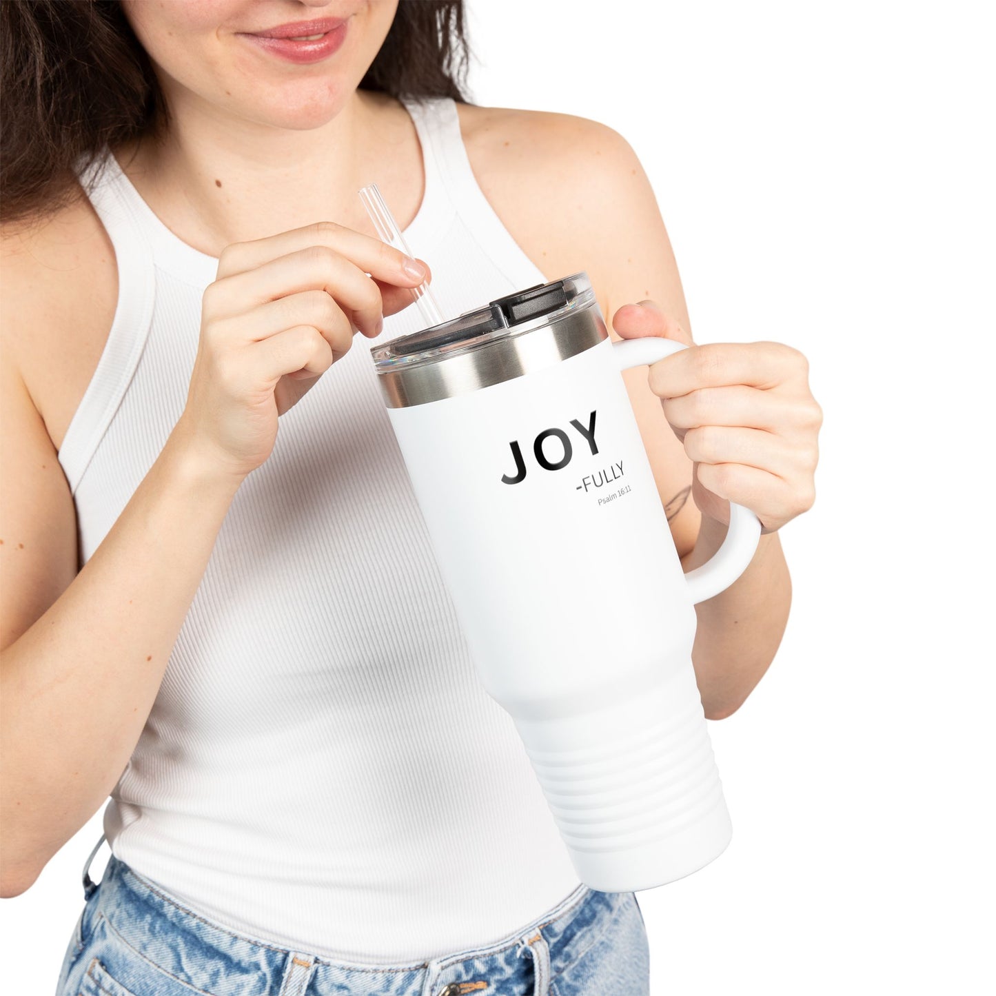JOY-fully Insulated 40oz Travel Mug —Christian Faith Declaration Psalm 16:11 - white text