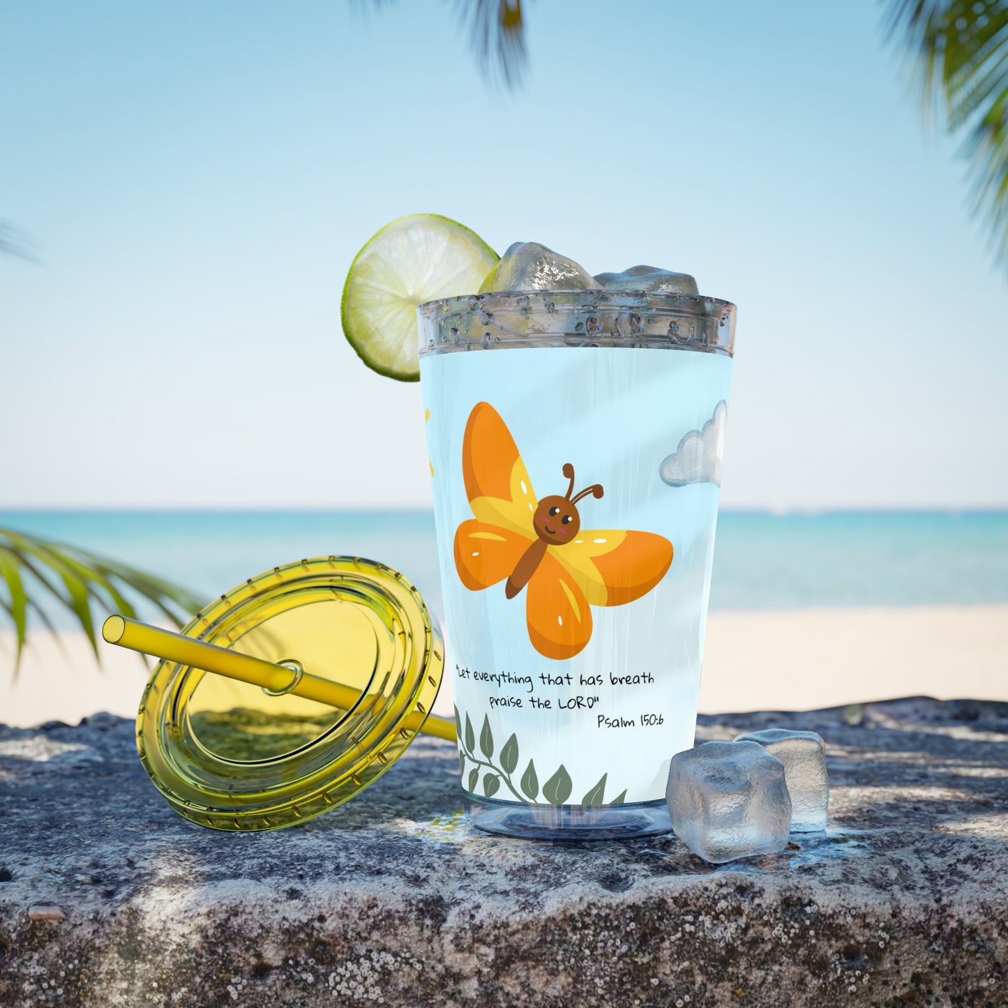 Butterfly & Sun 16oz Tumbler with Straw — 'Let everything that has breath' Psalm 150:6