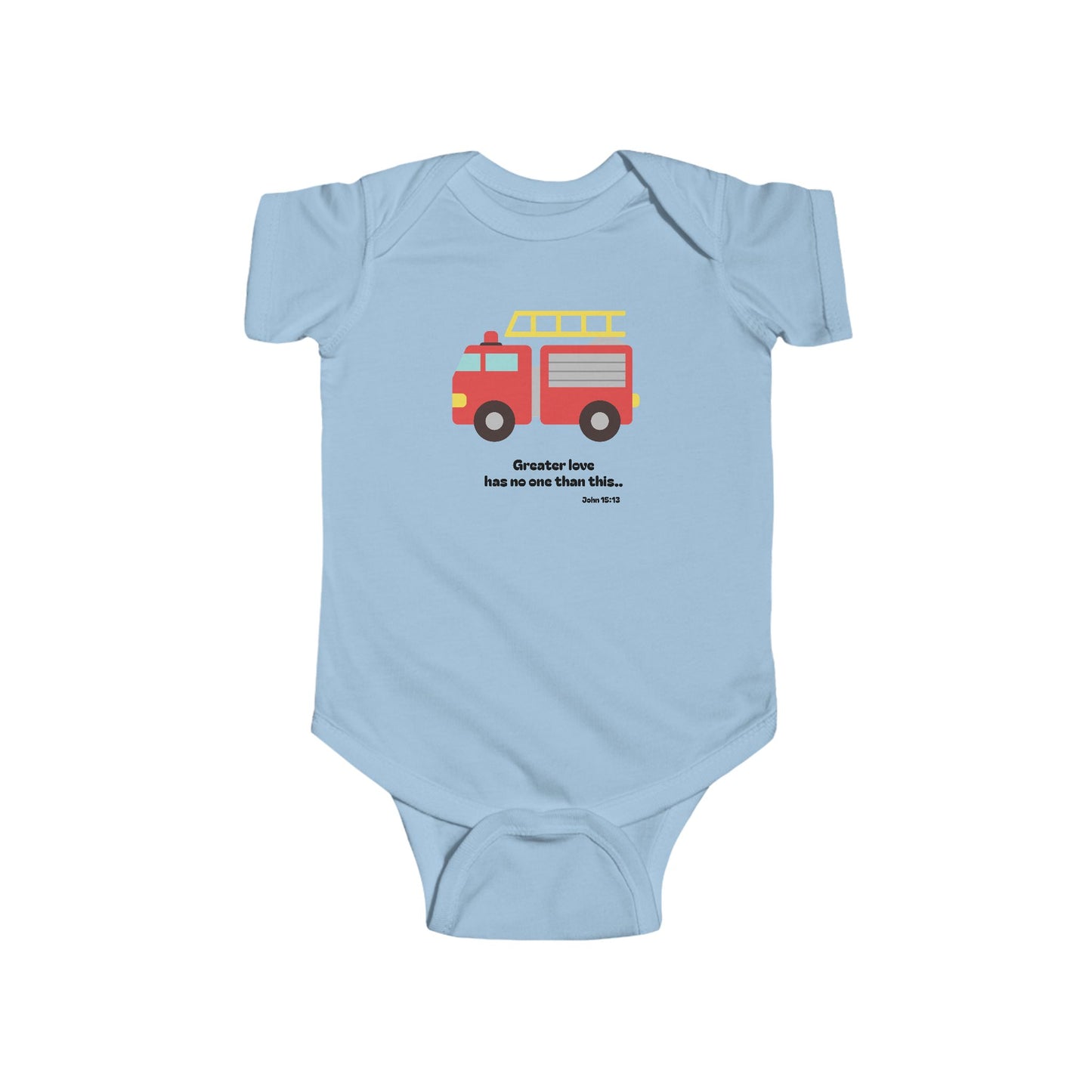 Christian Infant Bodysuit - Fire Truck Baby Onesie (John 15:13)