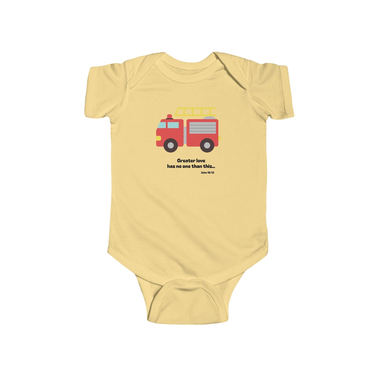 Christian Infant Bodysuit - Fire Truck Baby Onesie (John 15:13)