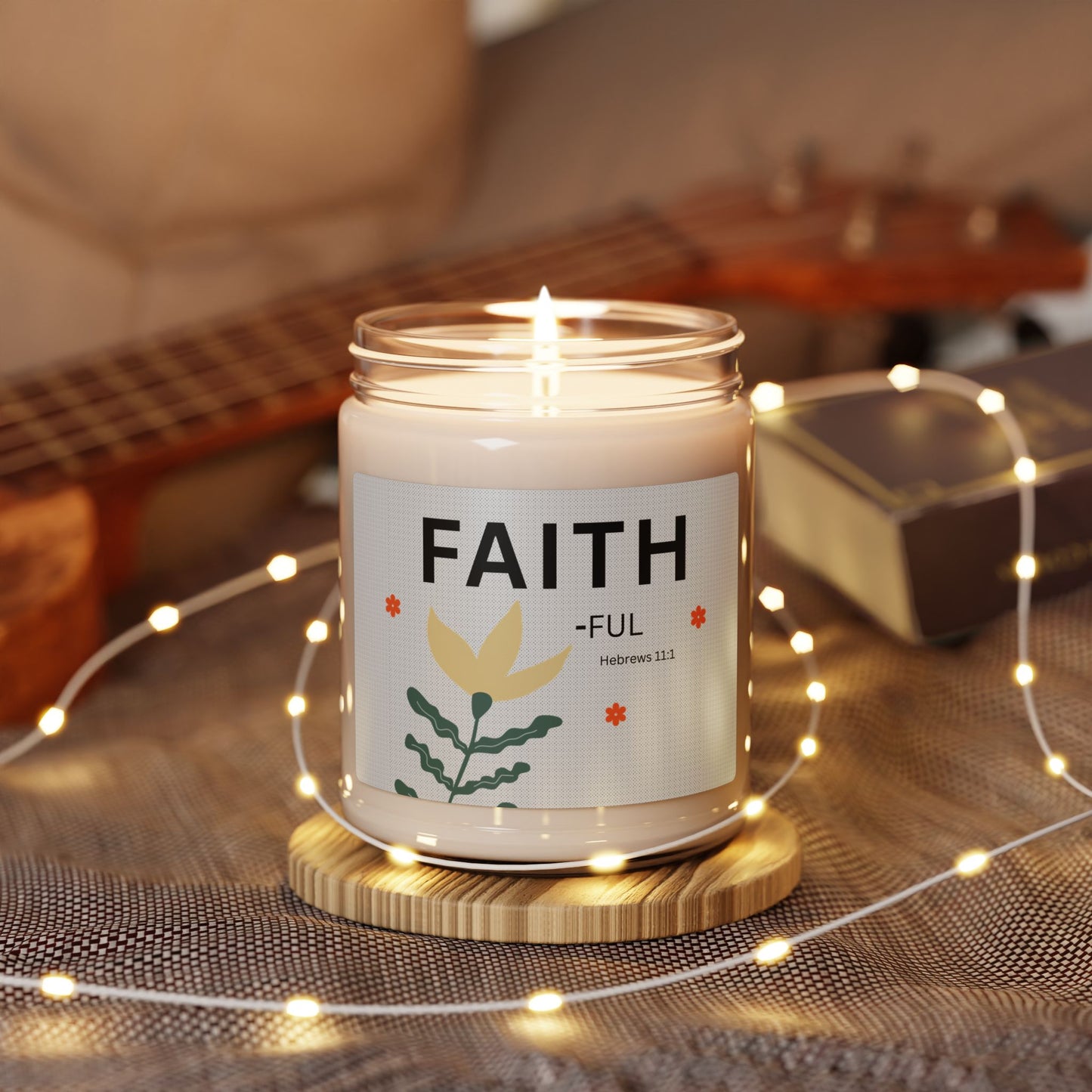 Faith-ful Soy Candle — 9oz Scented Jar with Floral Design (Hebrews 11:1)
