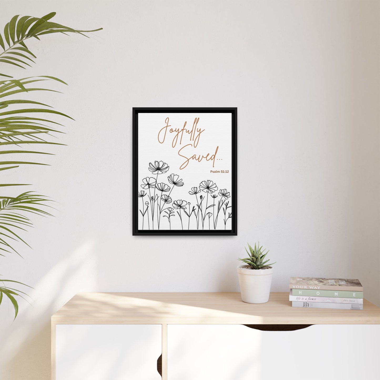 Joyfully Saved Framed Canvas Print — Floral Scripture Wall Art