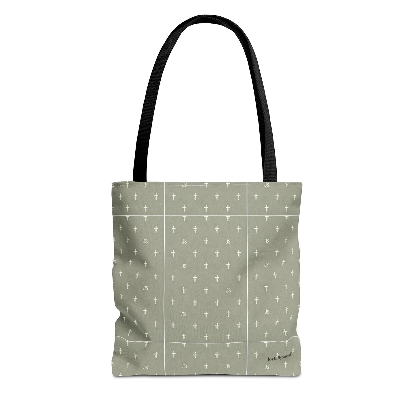 Cross Pattern Tote Bag — Sage Green AOP Canvas Tote, Christian