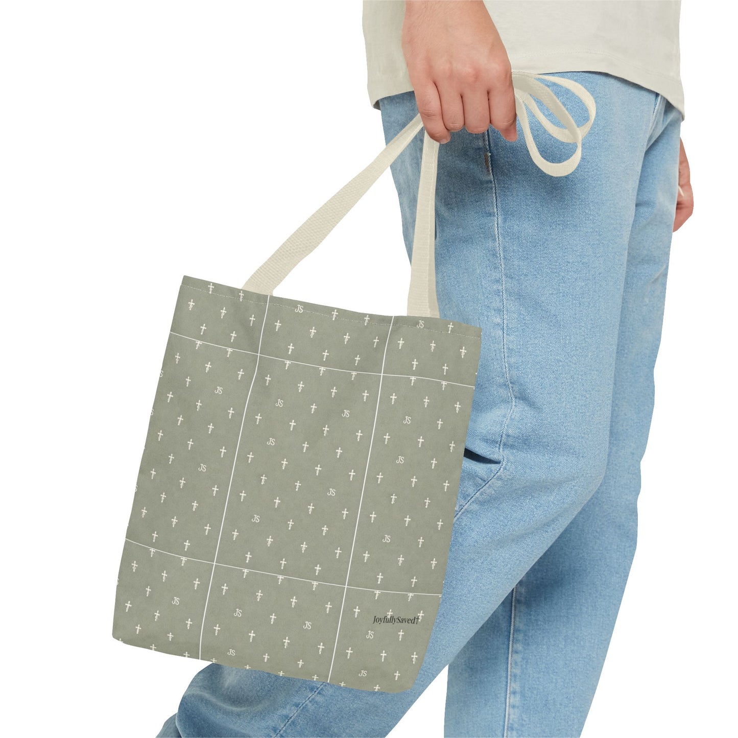 Cross Pattern Tote Bag — Sage Green AOP Canvas Tote, Christian