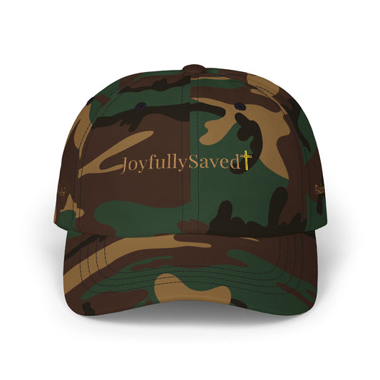 Classic "Dad" Cap, Cross logo with verses — Embroidered Christian Baseball Hat, Gold text