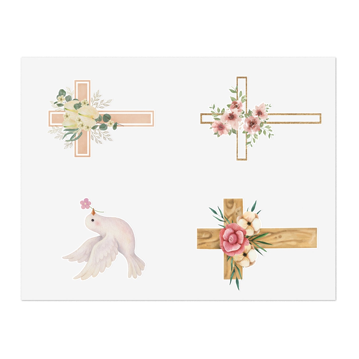 Christian Cross & Dove Floral Sticker Sheet — 4 Religious Faith Stickers