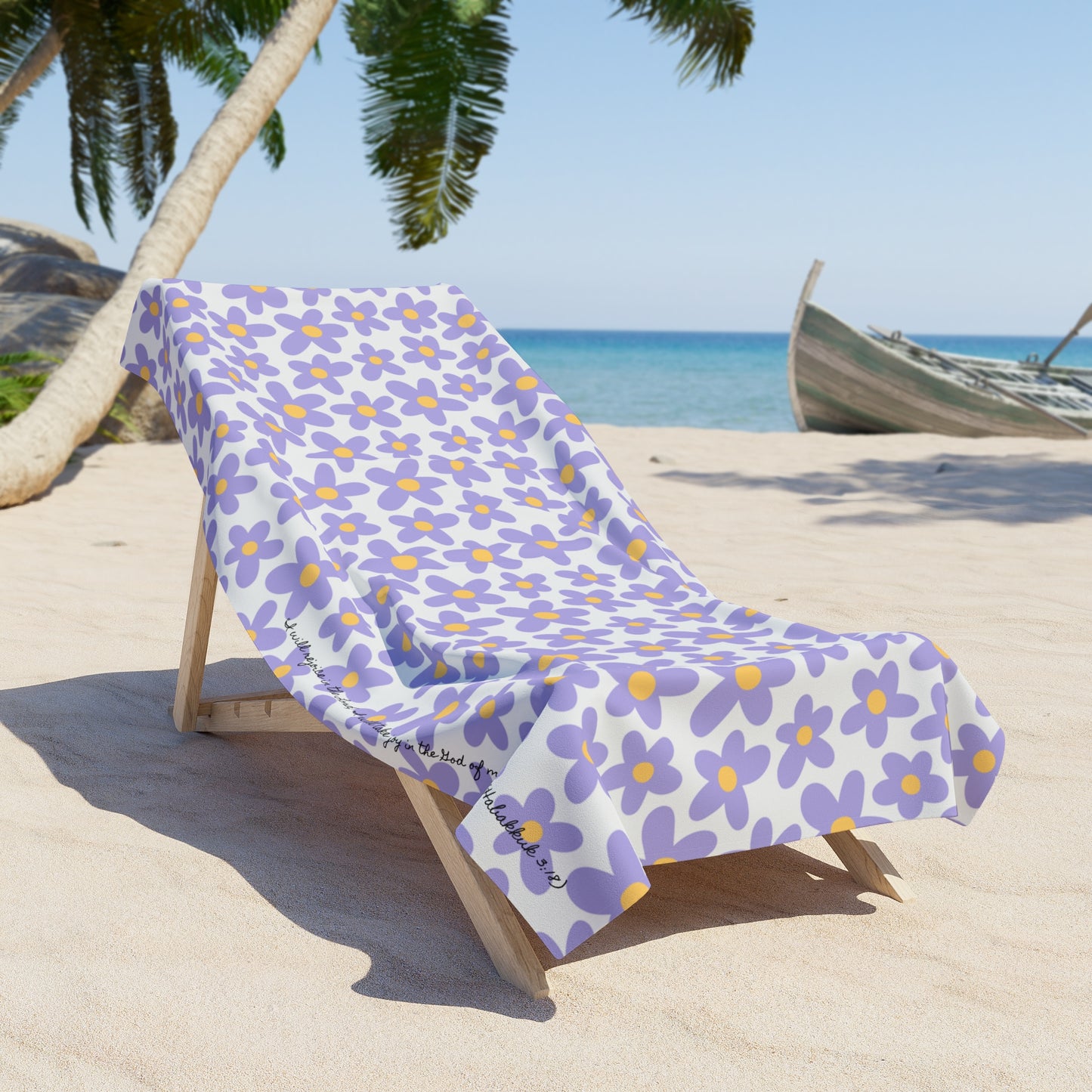 Flower Beach Towel — Purple Floral Summer Towel with scripture (Habakkuk 3:18)