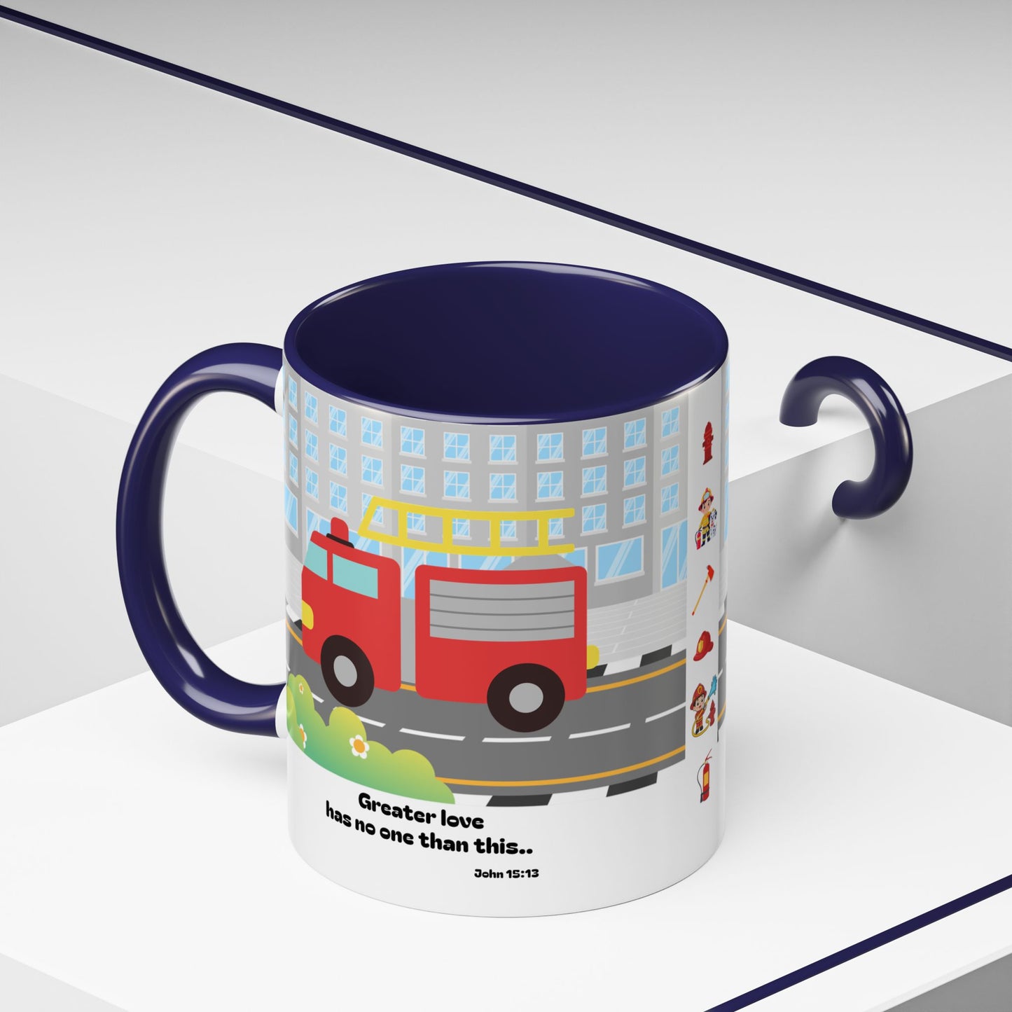 Fire Truck Coffee Mug — "Greater love has no one than this" Scripture Mug (11/15 oz)