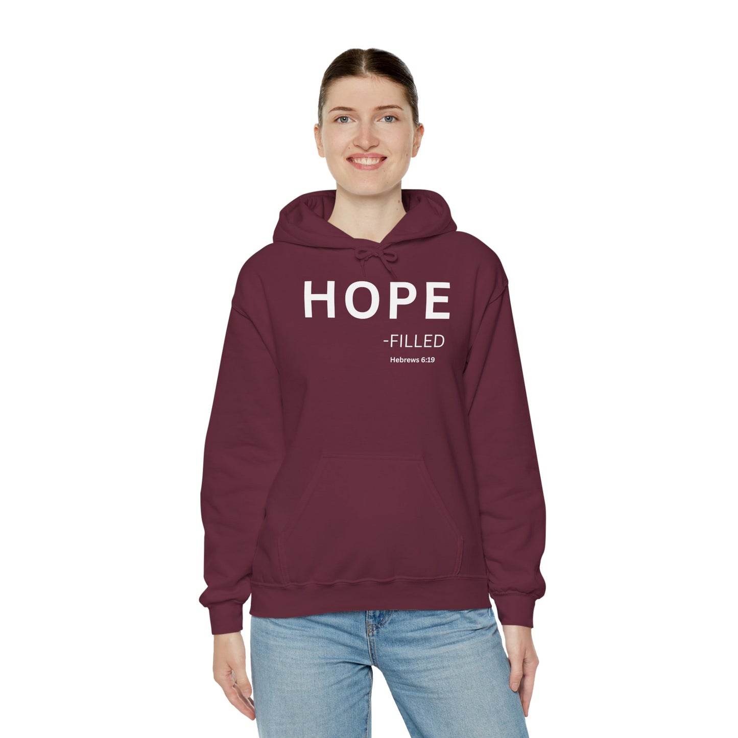 HOPE-filled Hoodie White Text — Minimal Christian Faith Pullover, Hebrews 6:19