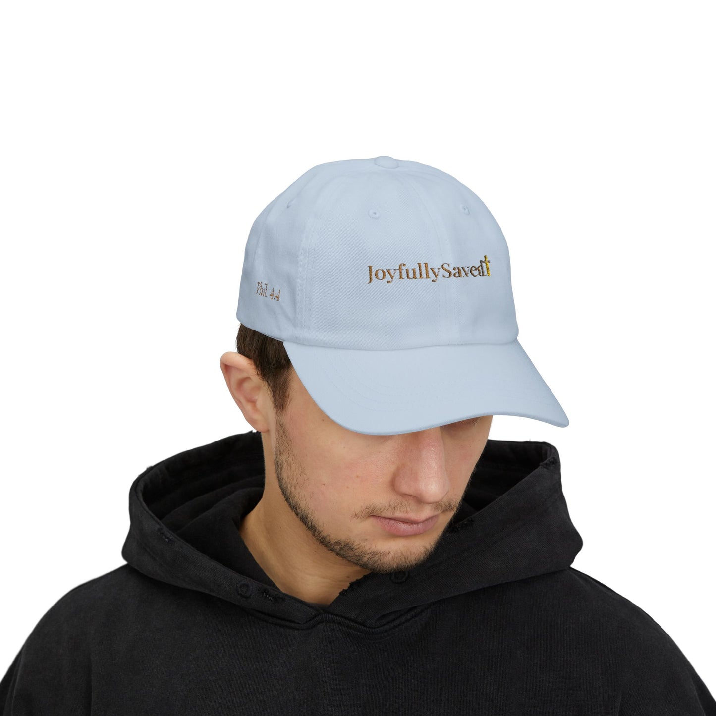 Classic "Dad" Cap, Cross logo with verses — Embroidered Christian Baseball Hat, Gold text
