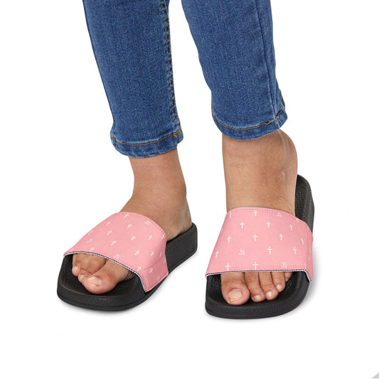 Christian Cross Slides — Youth Removable-Strap Sandals with Pink Cross Pattern