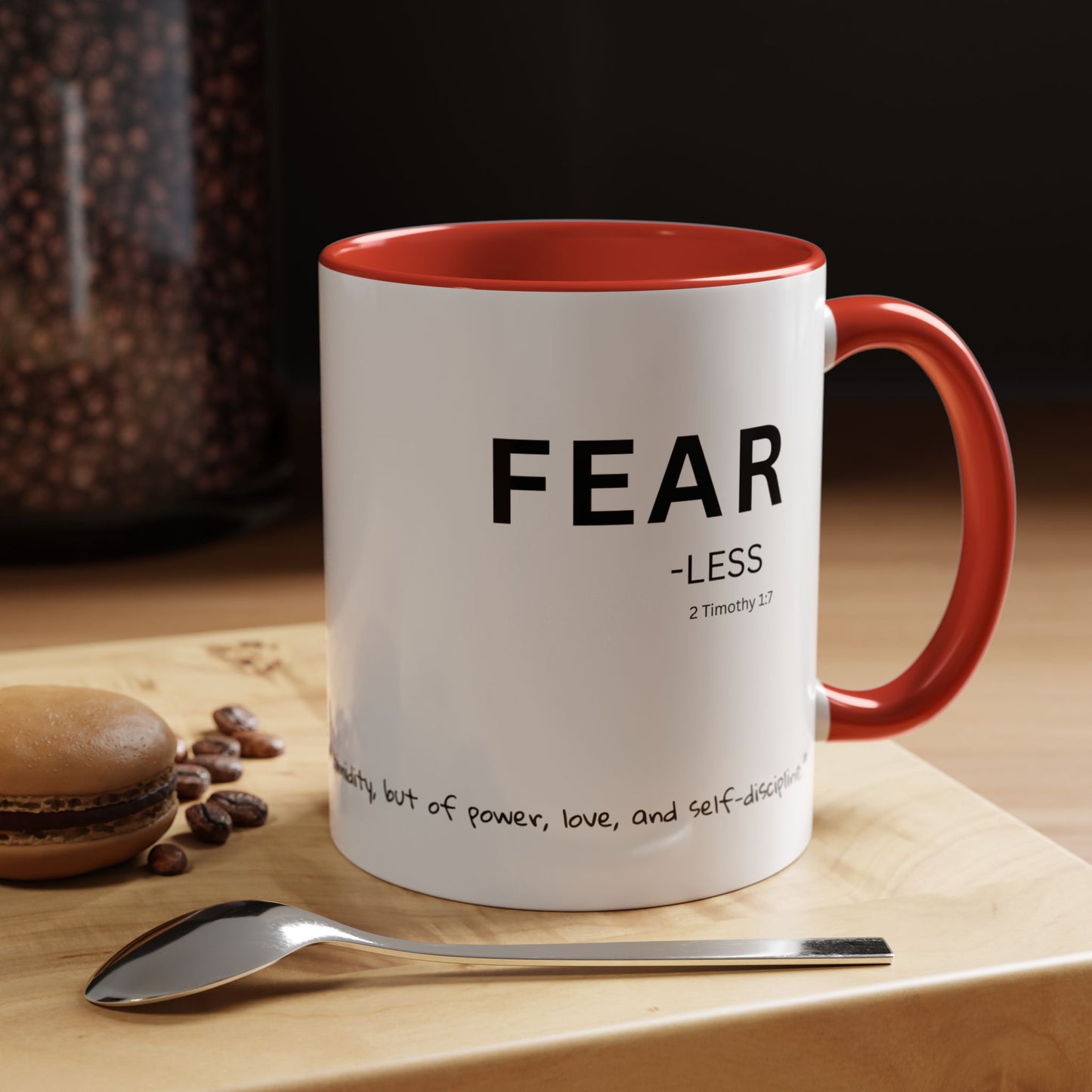 Fear-less Bible Verse Mug – 2 Timothy 1:17 | 11oz or 15oz Coffee Mug with Scripture Around Base (Accent, Colorful)