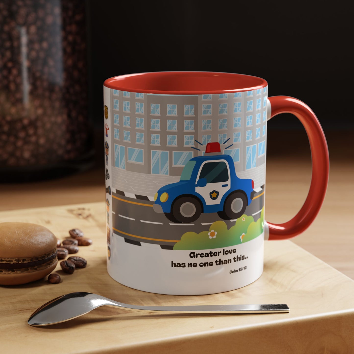 Police Car Coffee Mug — "Greater love has no one than this" Scripture Mug (11/15 oz)