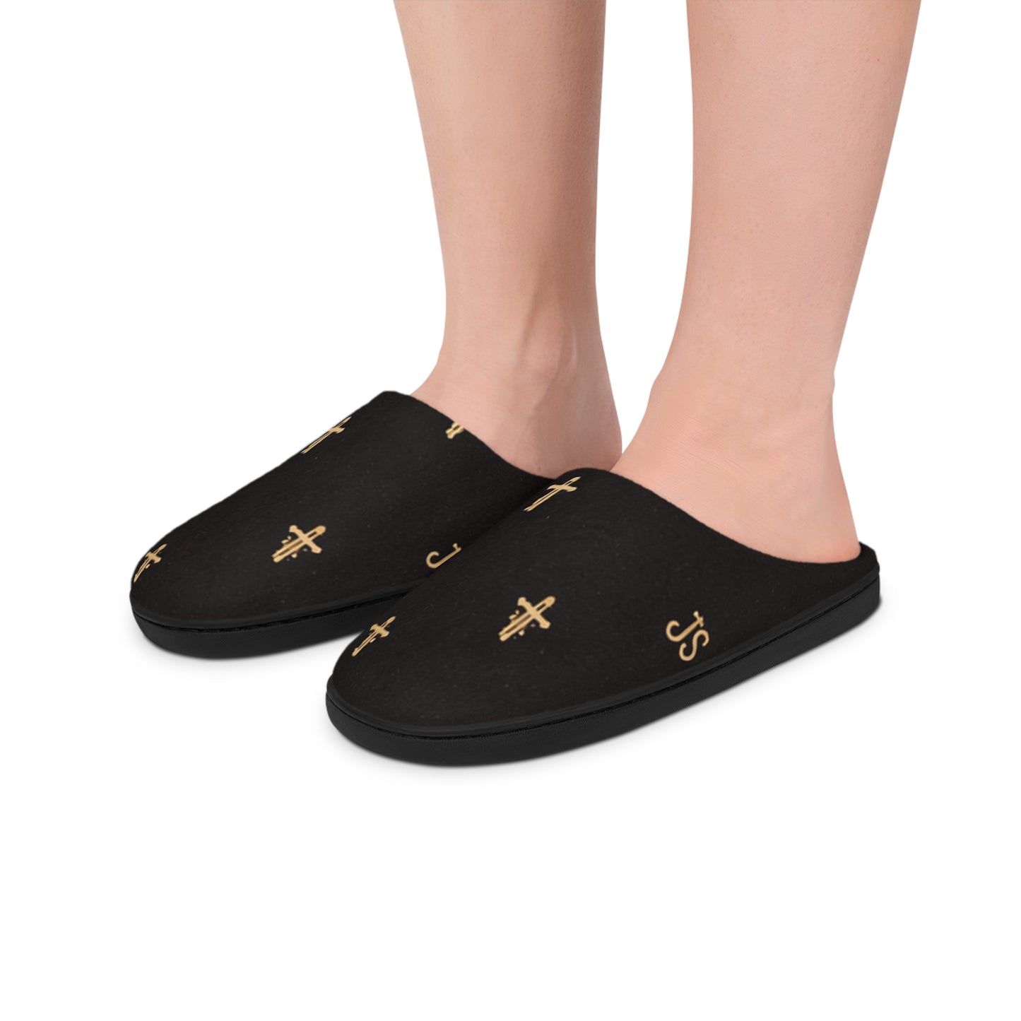 Christian Cross Pattern Women's Indoor Slippers — Signature JC Black Design