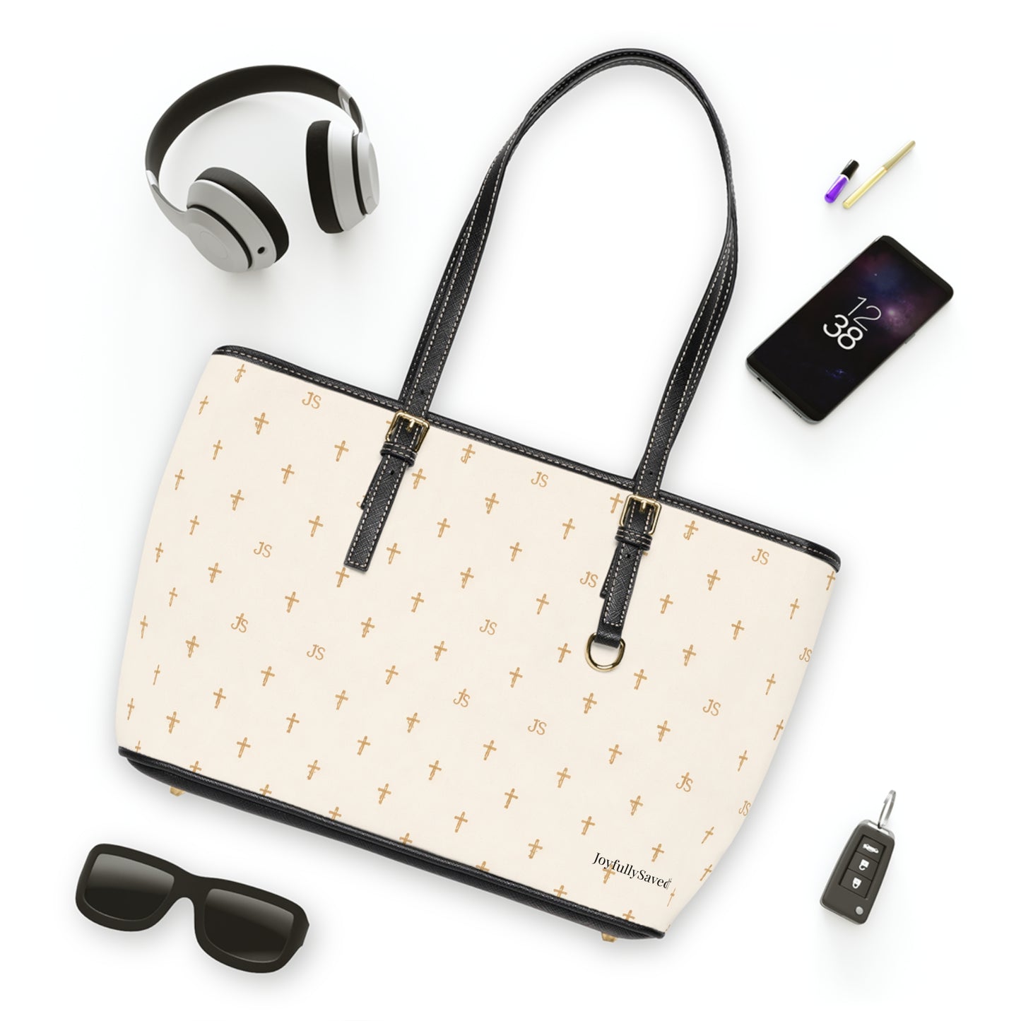Signature Cross PU Leather Shoulder Bag — Christian, Cream Cross Pattern