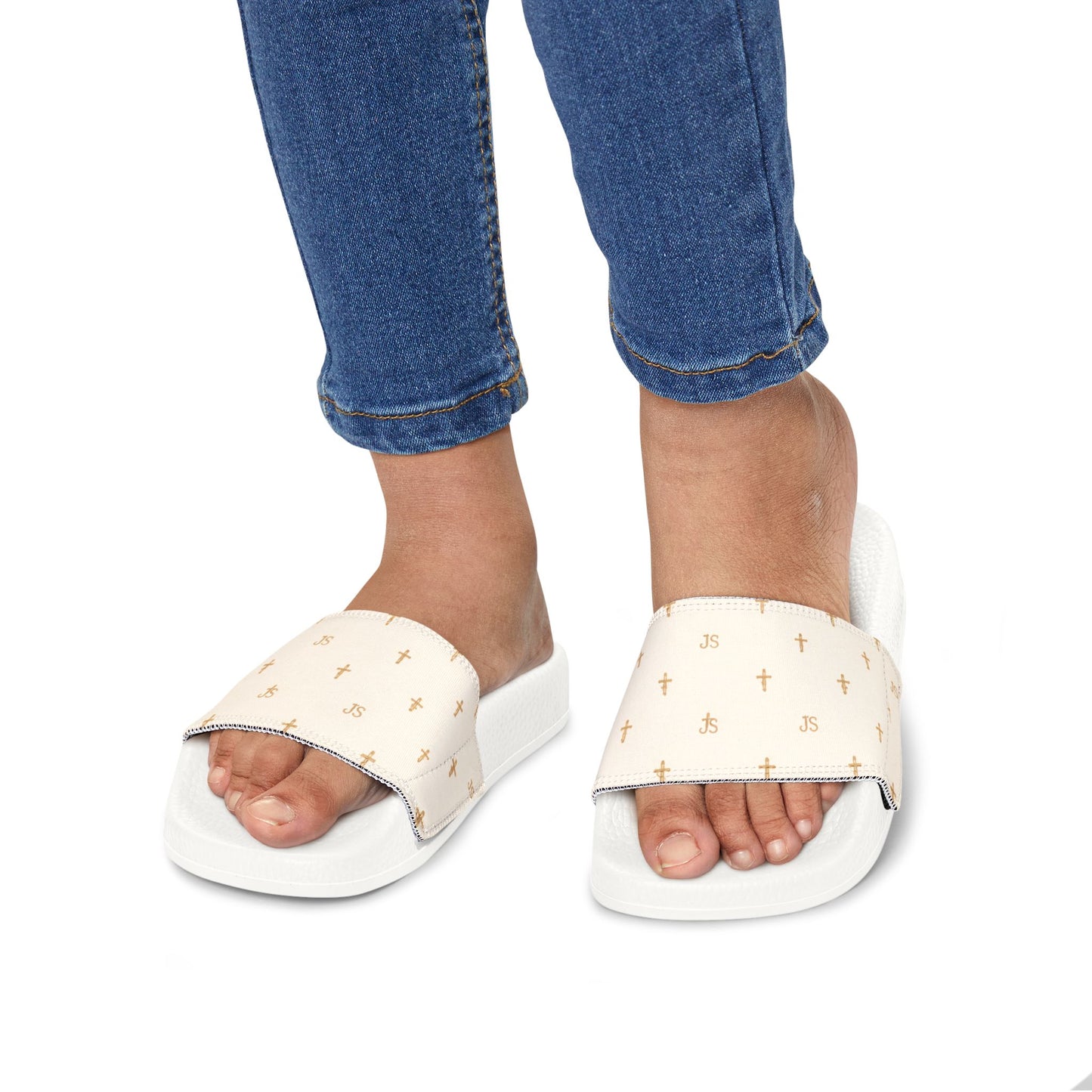 Christian Cross Slides — Youth Removable-Strap Sandals with Cream Cross Pattern
