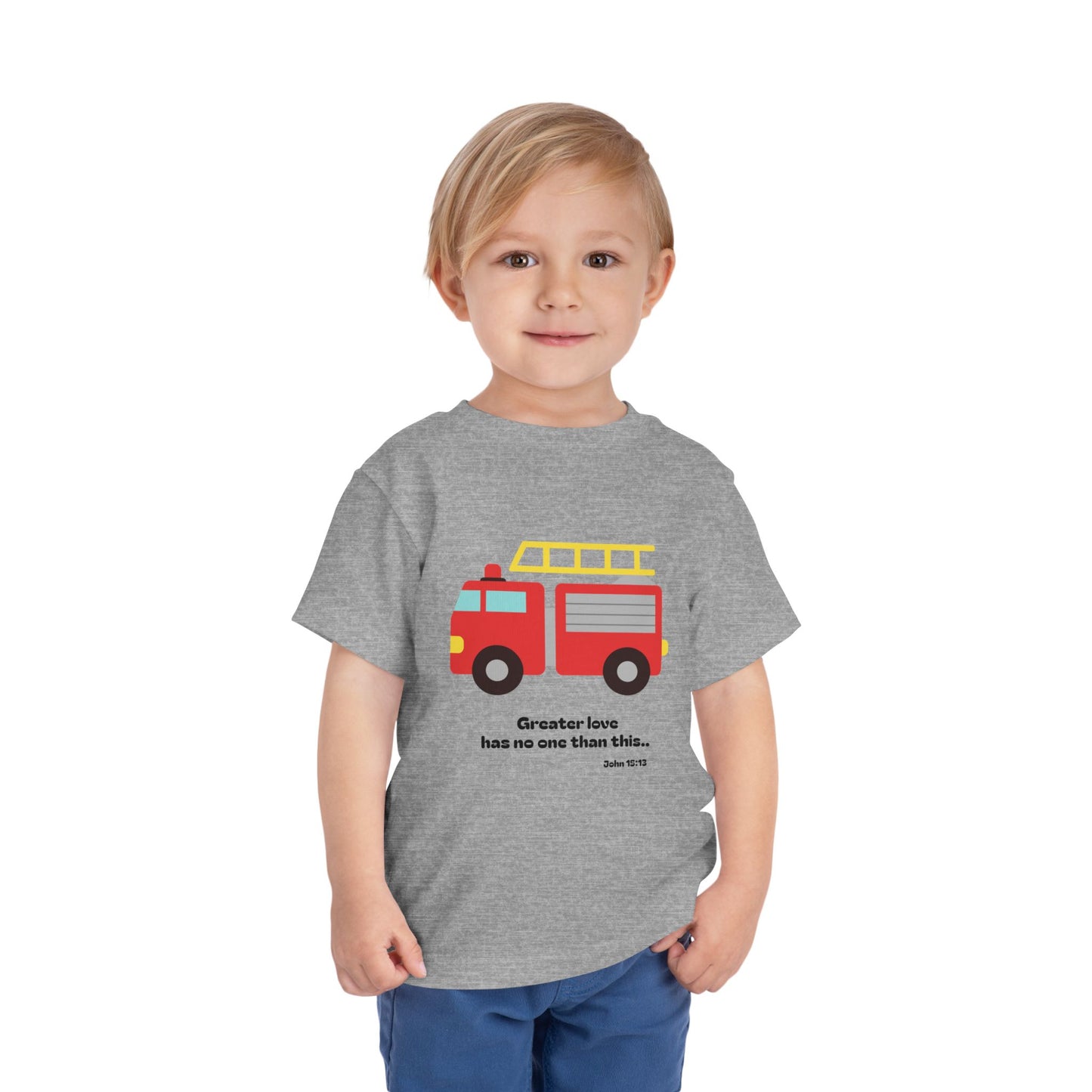 Christian Toddler Tee — Fire Truck Graphic (John 15:13)