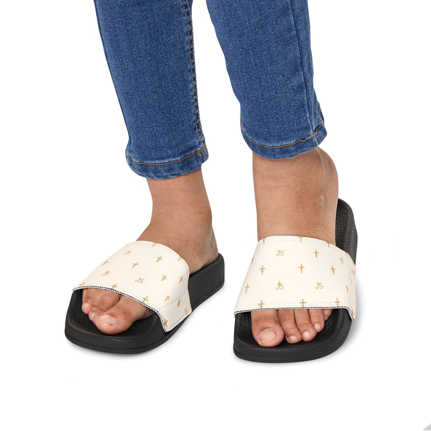 Christian Cross Slides — Youth Removable-Strap Sandals with Cream Cross Pattern
