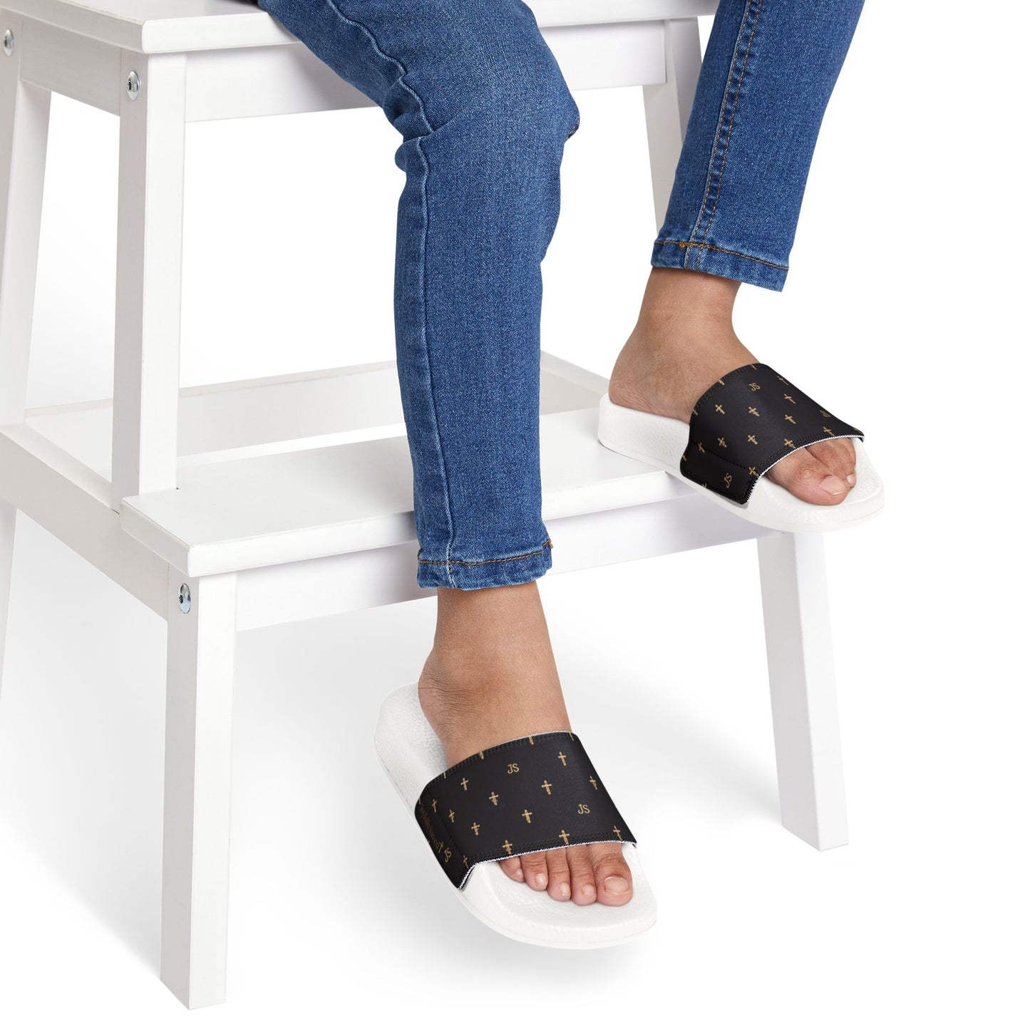 Christian Cross Slides — Youth Removable-Strap Sandals with Black Cross Pattern