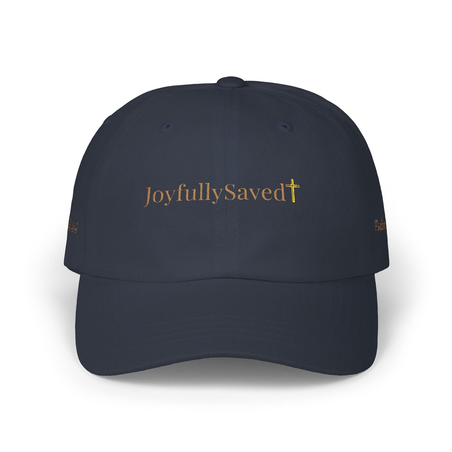 Classic "Dad" Cap, Cross logo with verses — Embroidered Christian Baseball Hat, Gold text