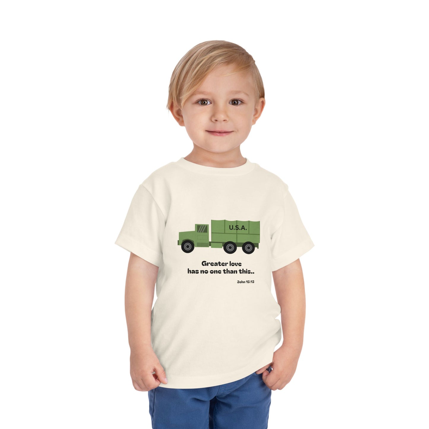 Christian Toddler Tee — Military Truck Graphic (John 15:13)