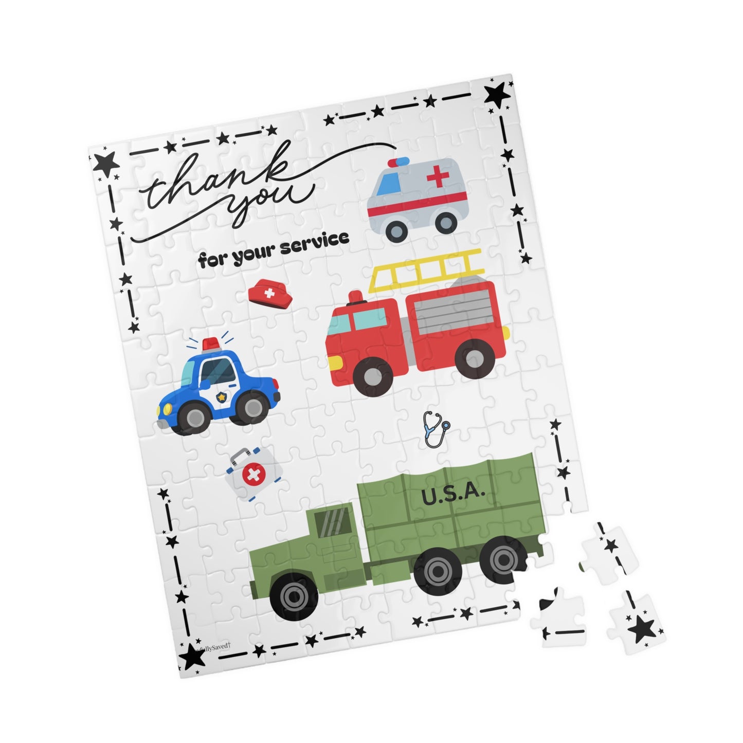 Patriotic Kids Thank You for Your Service Puzzle — Firetruck, Ambulance & Army Vehicles (110–1014 pcs)