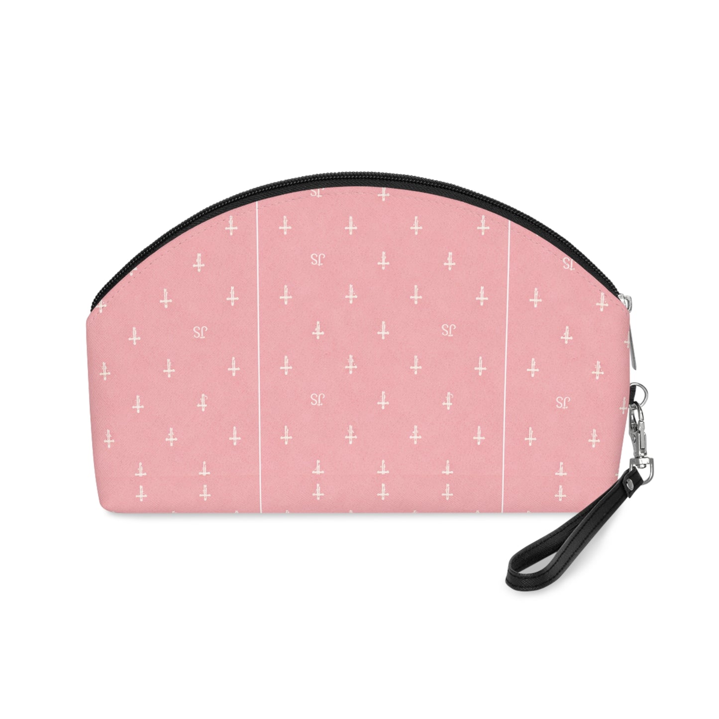 Gold Cross Pattern Makeup Bag — "Joyfully Saved" Pink Cosmetic Pouch -black logo