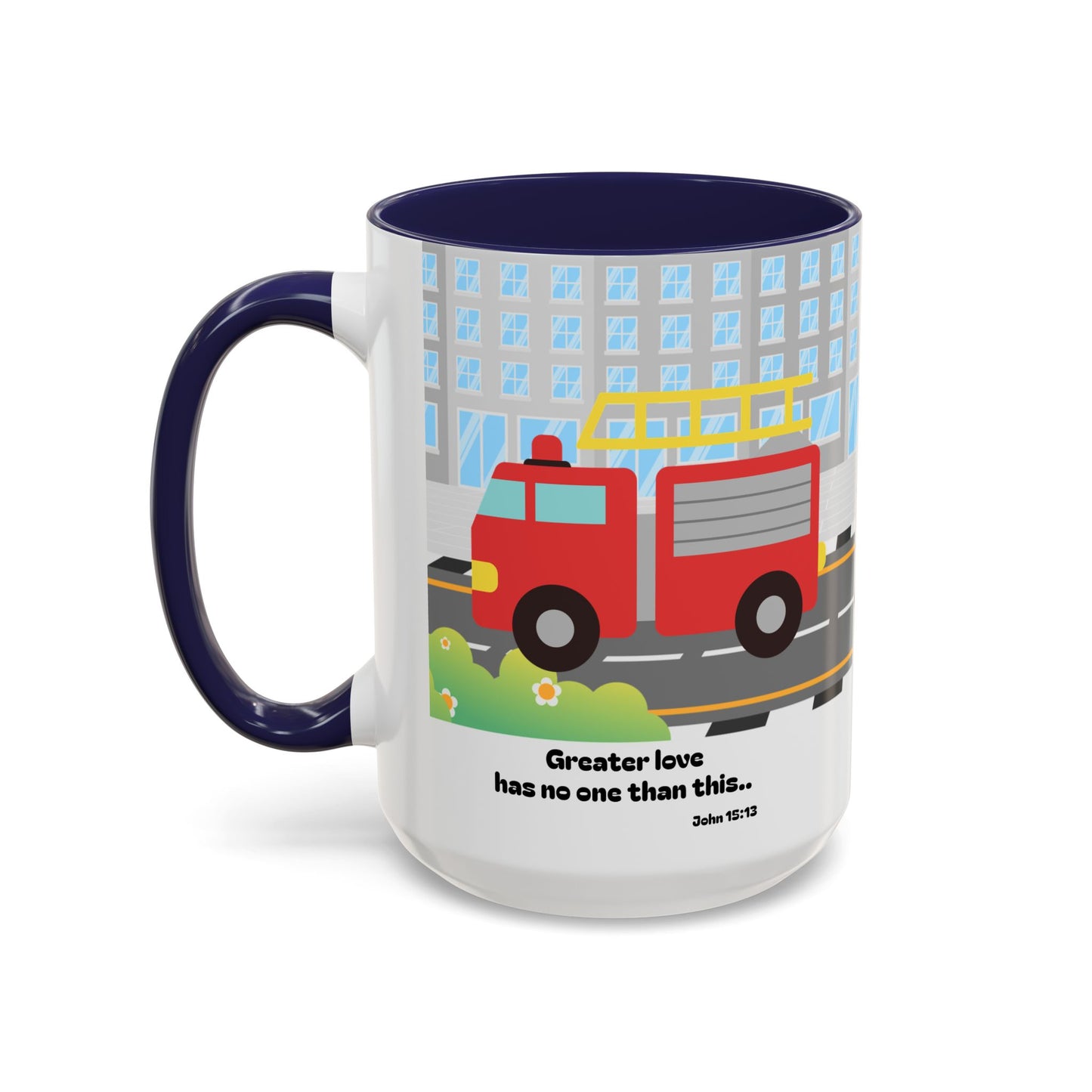 Fire Truck Coffee Mug — "Greater love has no one than this" Scripture Mug (11/15 oz)