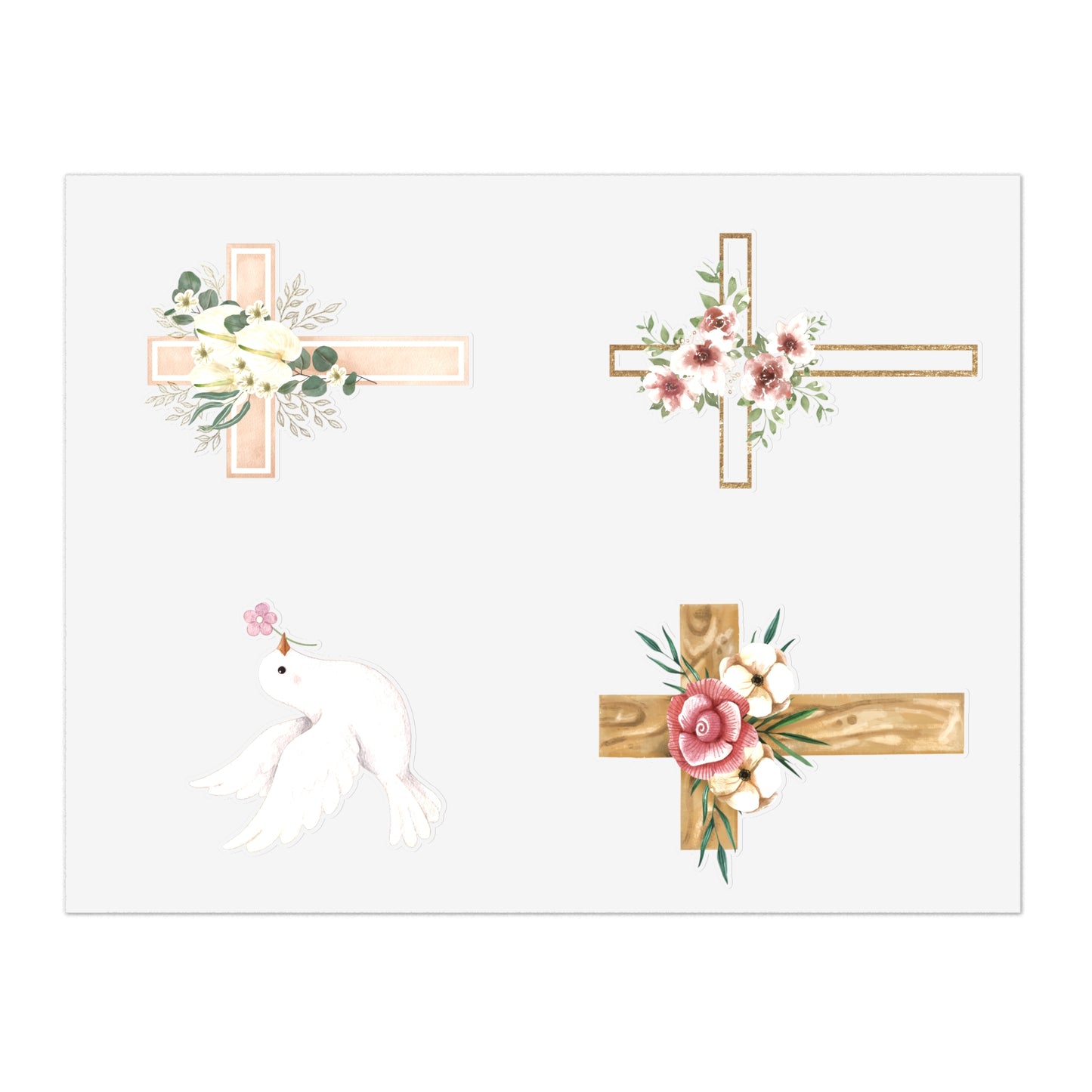 Christian Cross & Dove Floral Sticker Sheet — 4 Religious Faith Stickers