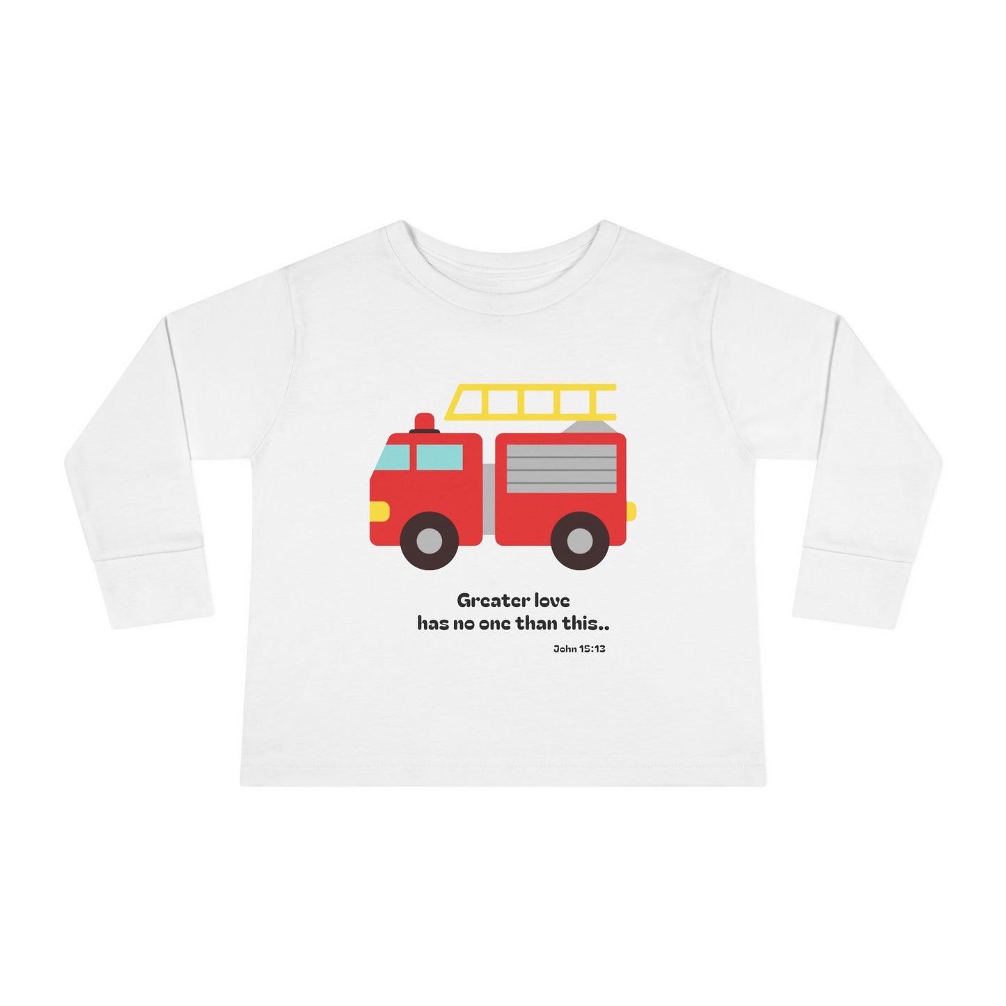 Christian Toddler Long Sleeve Tee — Fire Truck Kids Shirt (John 15:13)