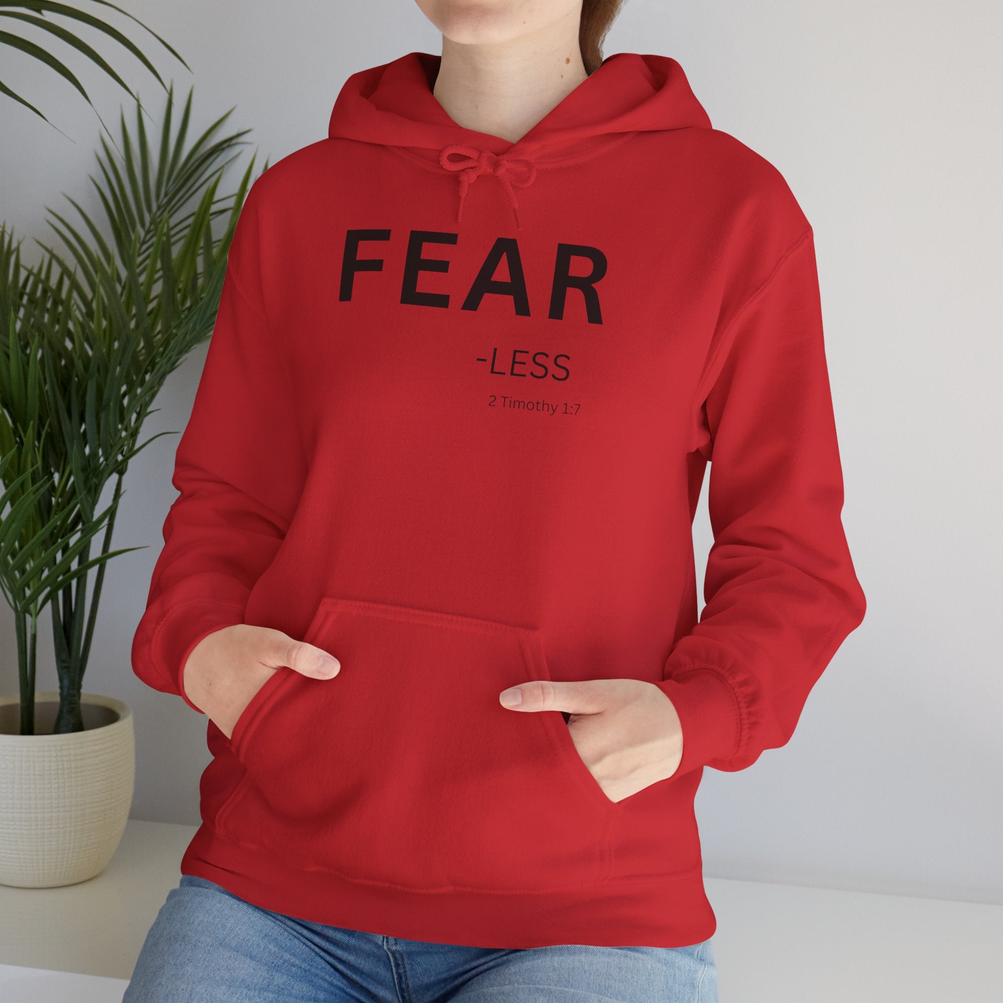 FEAR-less Hoodie Black Text — Minimal Christian Faith Pullover, 2 Timothy 1:7