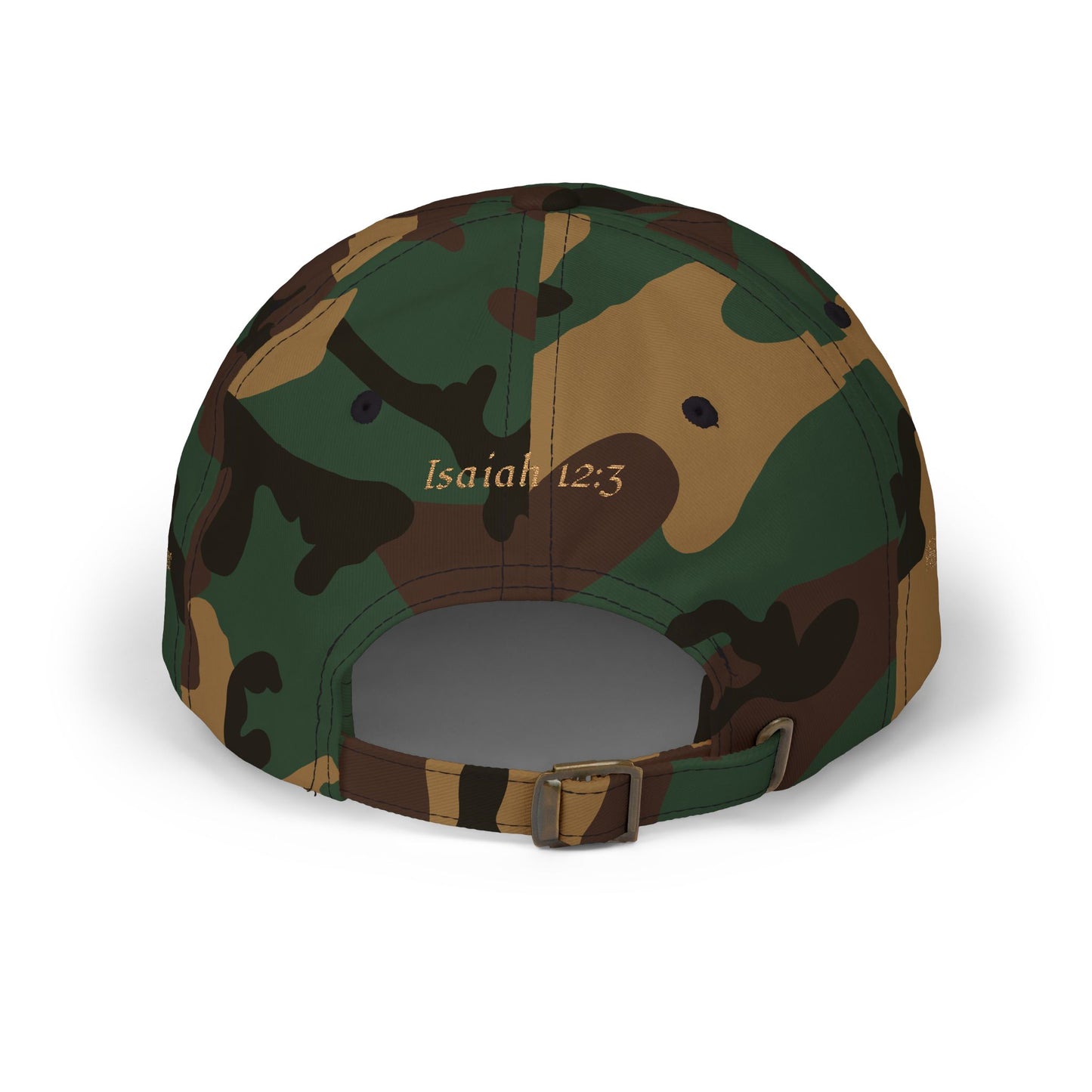Classic "Dad" Cap, Cross logo with verses — Embroidered Christian Baseball Hat, Gold text