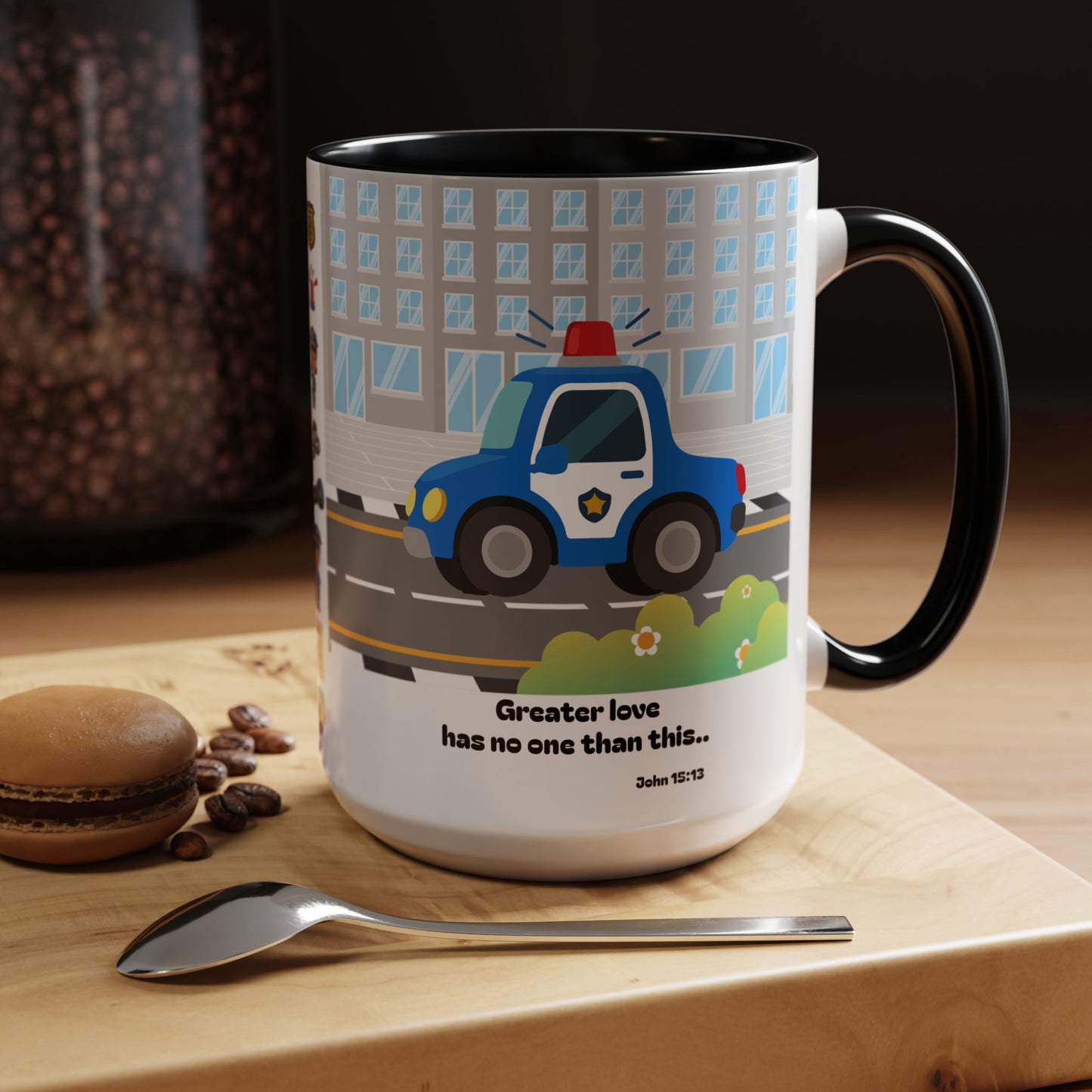 Police Car Coffee Mug — "Greater love has no one than this" Scripture Mug (11/15 oz)
